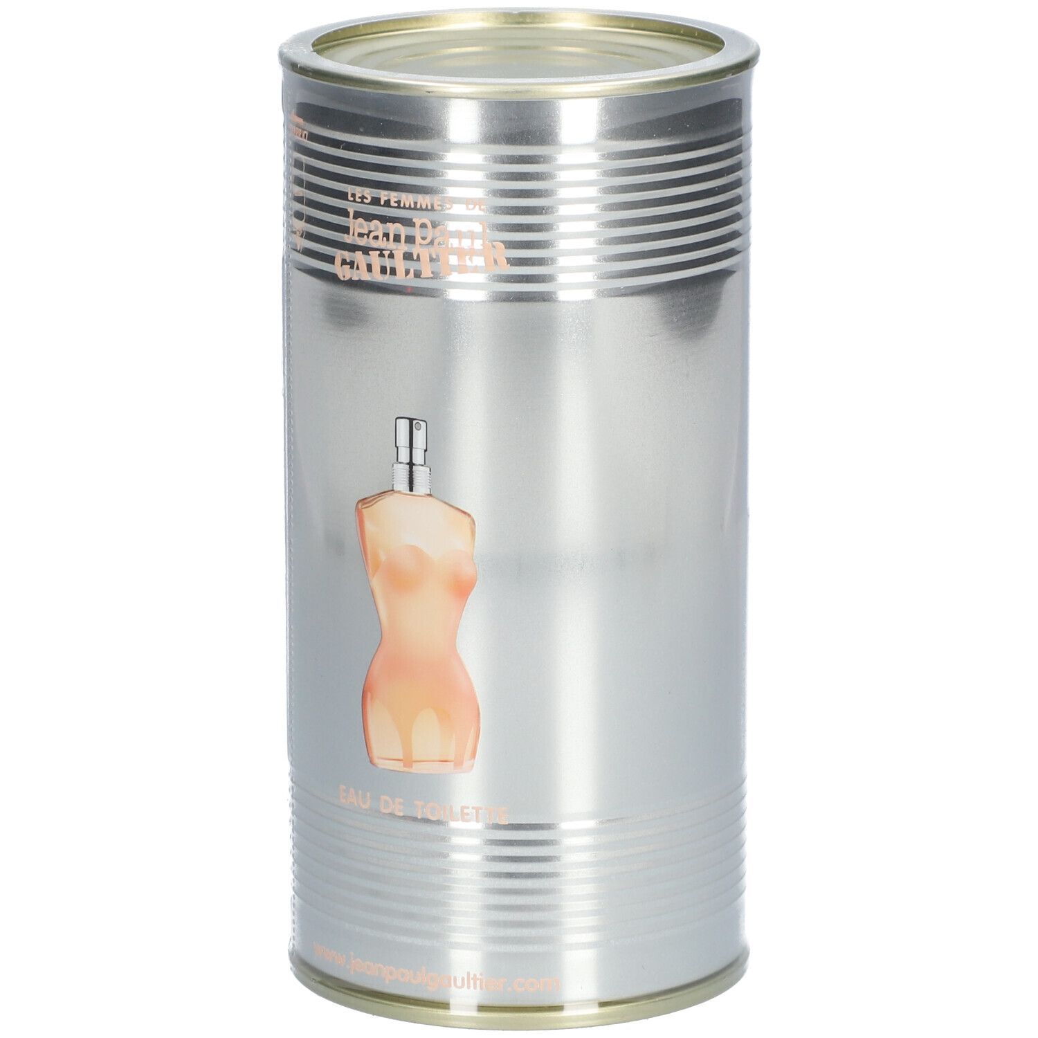 Latta cilindrica con design di flacone di profumo. Scritta: Eau de Toilette. Flacone a forma di corpo femminile.