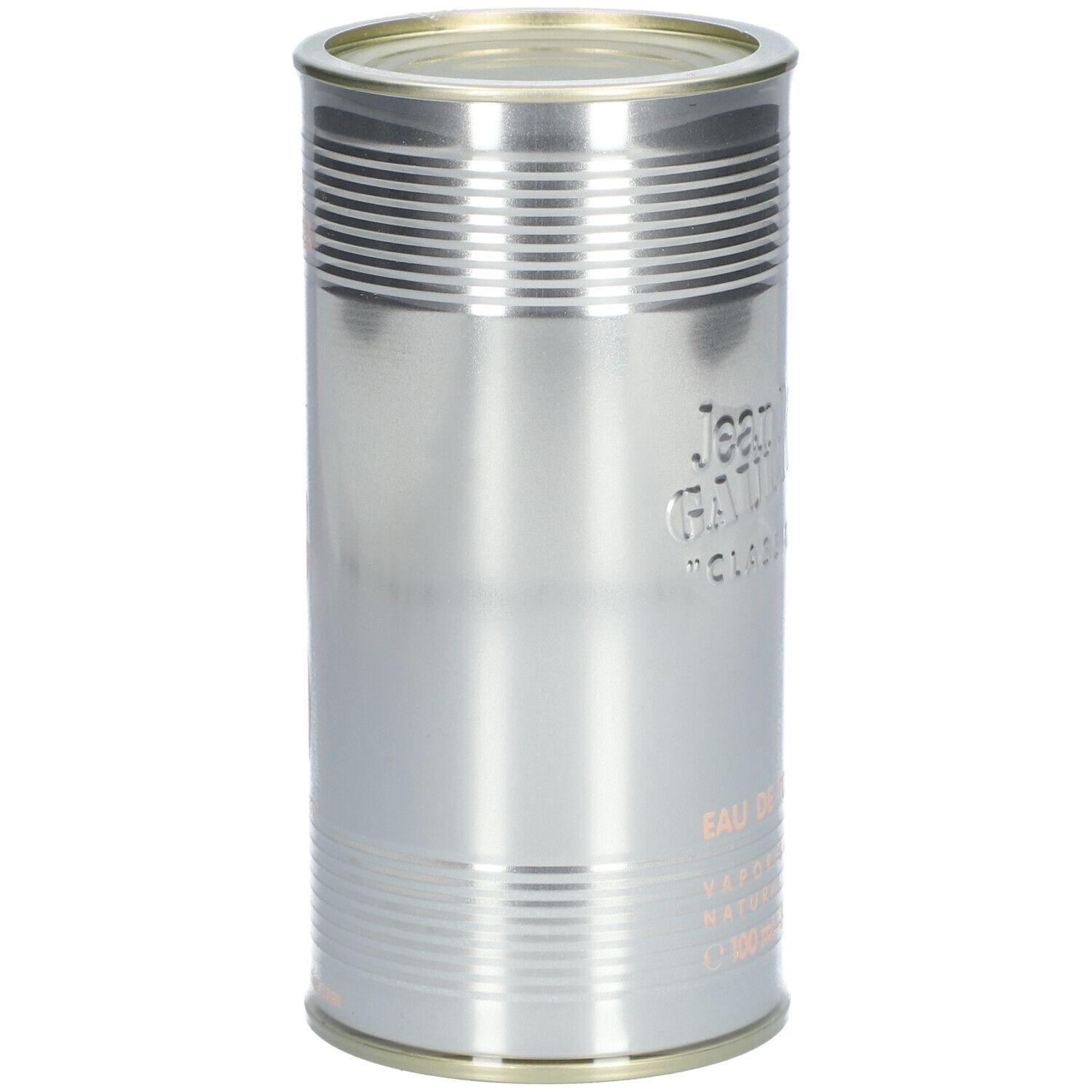Latta cilindrica in metallo. Scritta: Jean Paul Gaultier, Classique, Eau de Toilette. Argentata.
