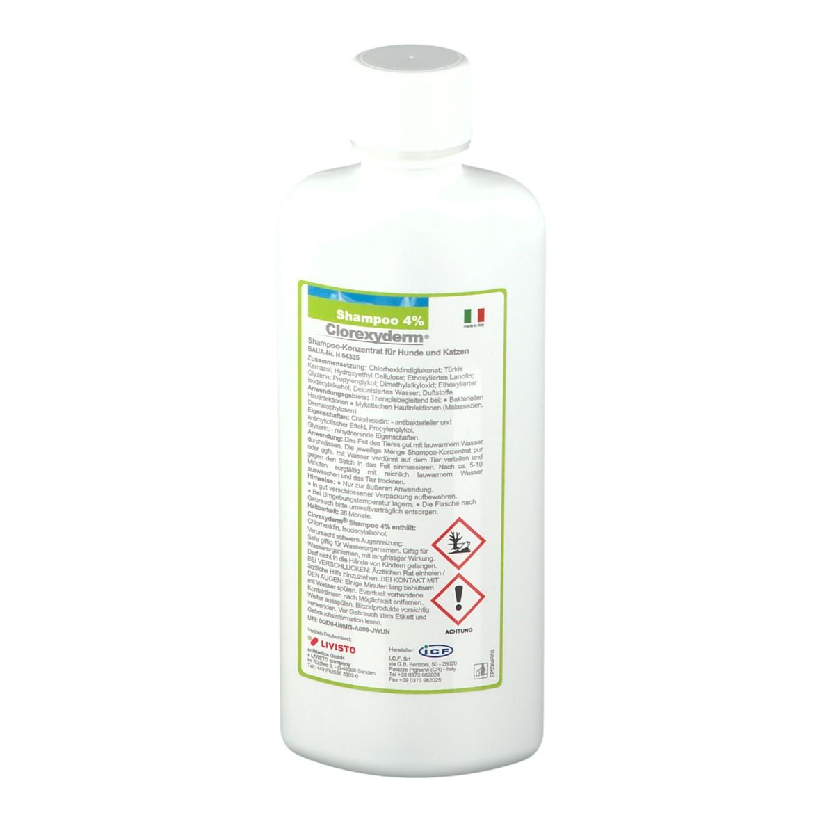 Retro del flacone bianco di Clorexyderm® Shampoo 4%. Testo in tedesco, bandiera italiana, avvertenze.