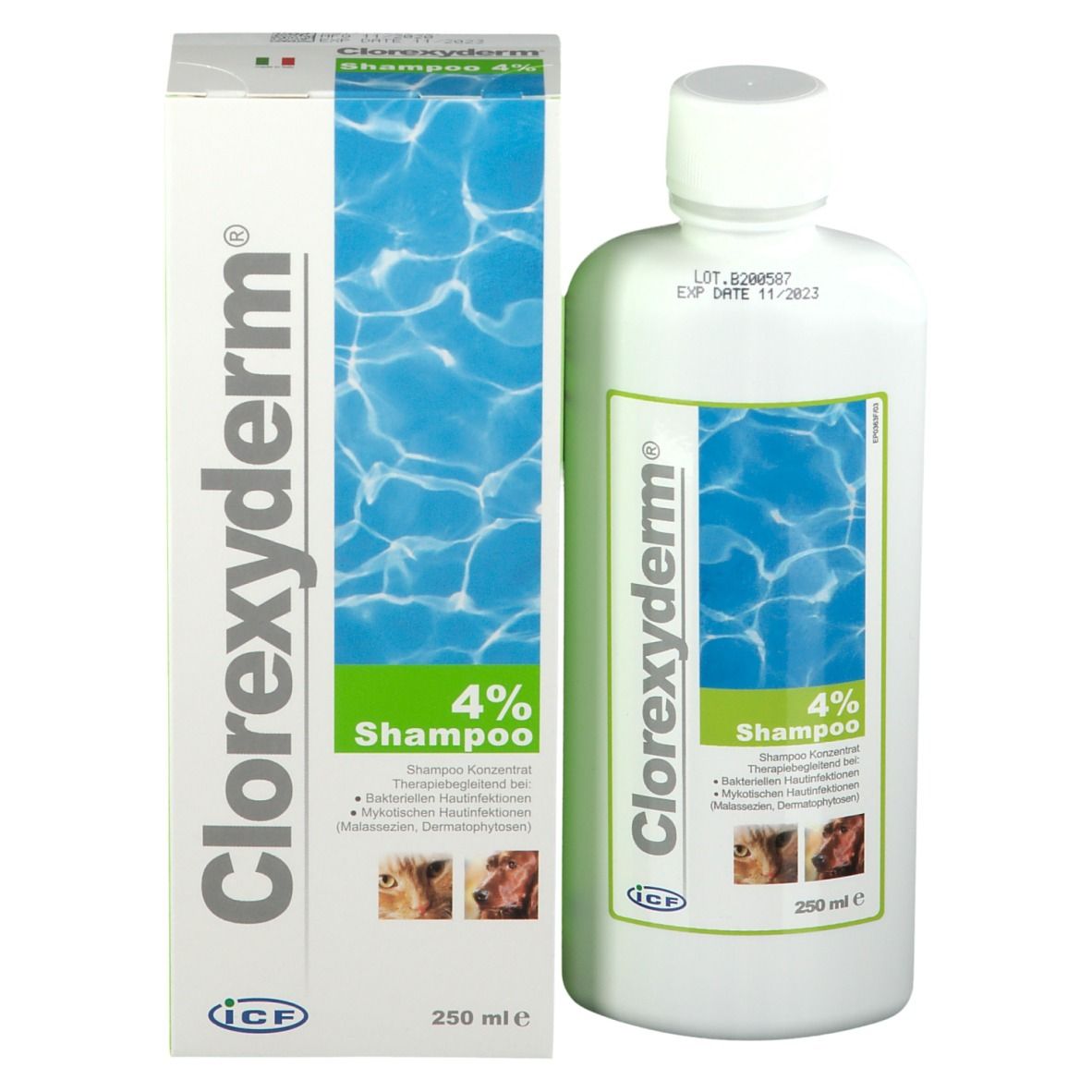 Flacone e scatola di Clorexyderm® Shampoo 4%. Scritto: 250 ml, Shampoo, immagini di cani e gatti.