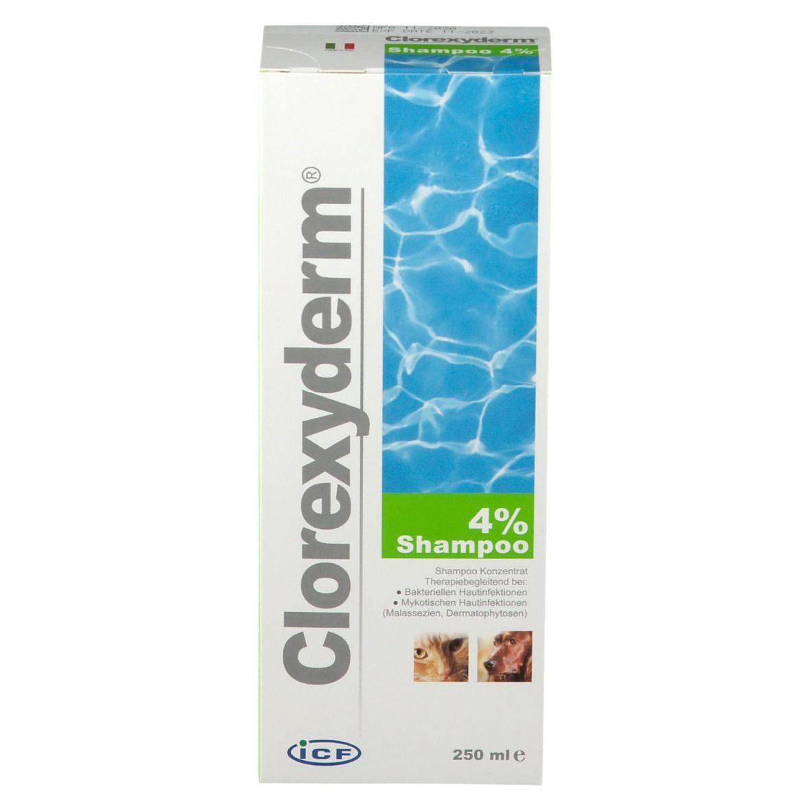 Scatola di Clorexyderm® Shampoo 4%. Scritto: 250 ml, Shampoo, immagini di cani e gatti, accenti verdi.