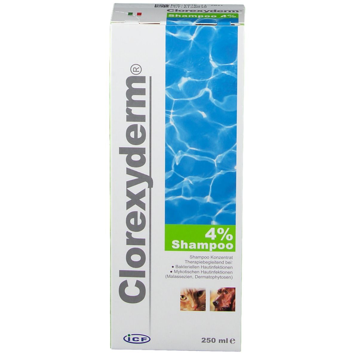 Fronte della scatola Clorexyderm® Shampoo 4%. Scritto: 250 ml, Shampoo, immagini di cani e gatti.