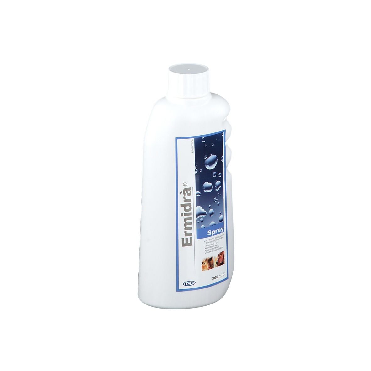 Flacone bianco Ermidra® Spray. Dettagli blu, nome del prodotto e scritta "Spray". Forma con incavi per una presa migliore.