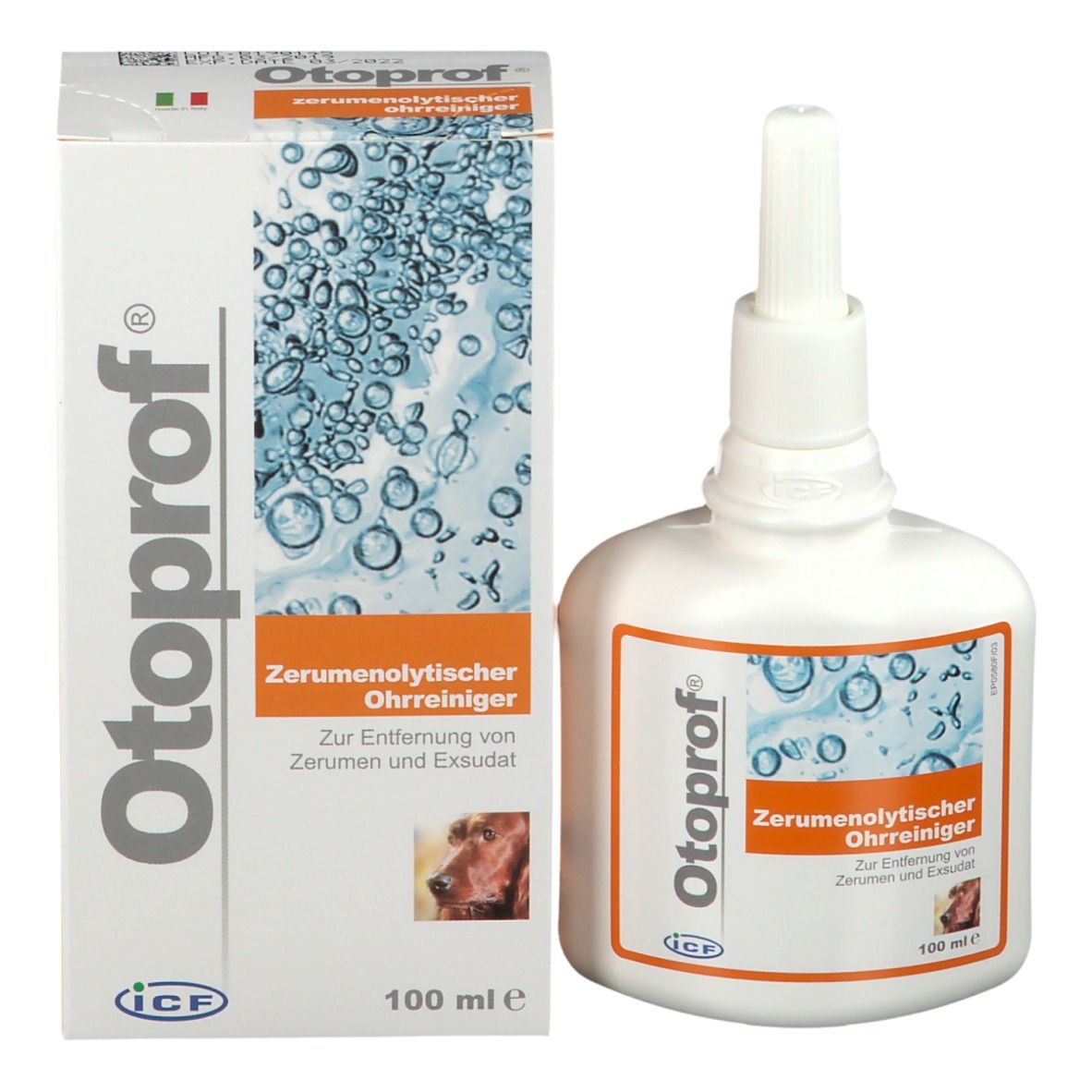 Confezione del prodotto e flacone. Scatola bianca con nome del prodotto e testo. Flacone con applicatore bianco ed etichetta.