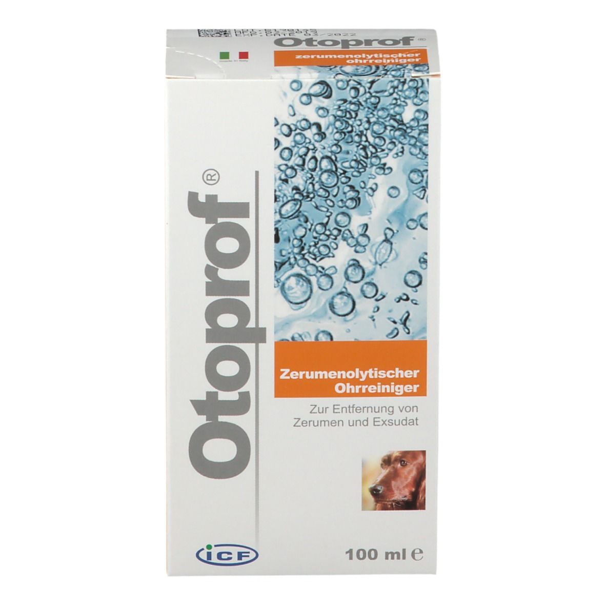 Scatola bianca con nome del prodotto e testo. Etichetta arancione con informazioni sul prodotto. Immagine di un cane.