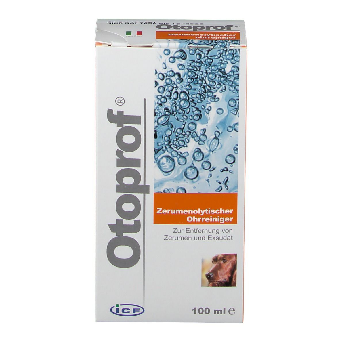 Lato della confezione del prodotto. Testo con istruzioni per l'uso. Informazioni sul produttore e dettagli di contatto.