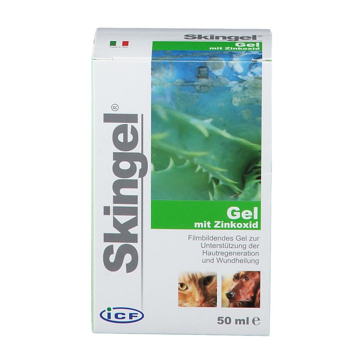 Scatola bianca con logo Skingel e informazioni sul prodotto. Accenti verdi. 50 ml.