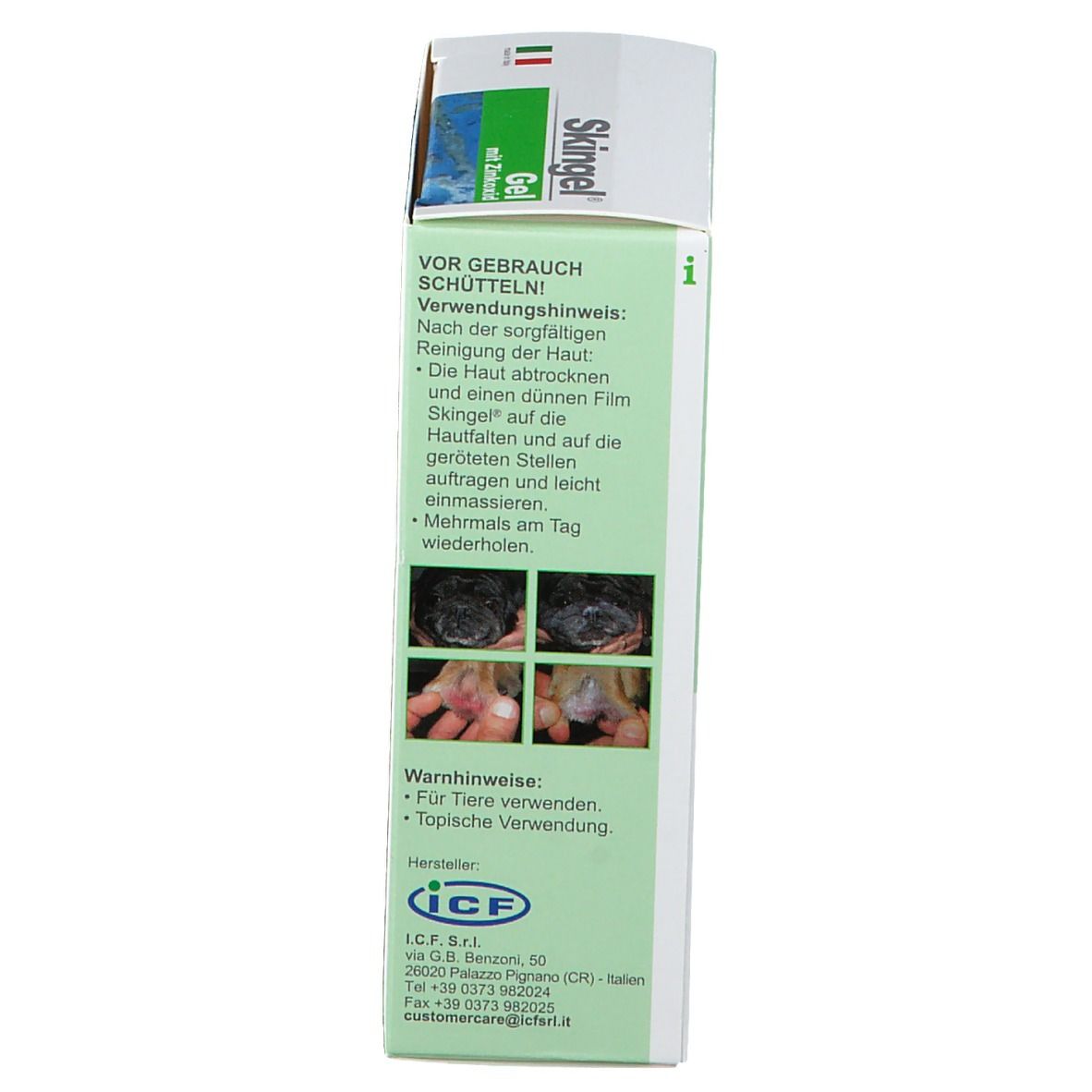 Vista laterale della scatola. Testo con istruzioni per l'uso e avvertenze. Accenti verdi.