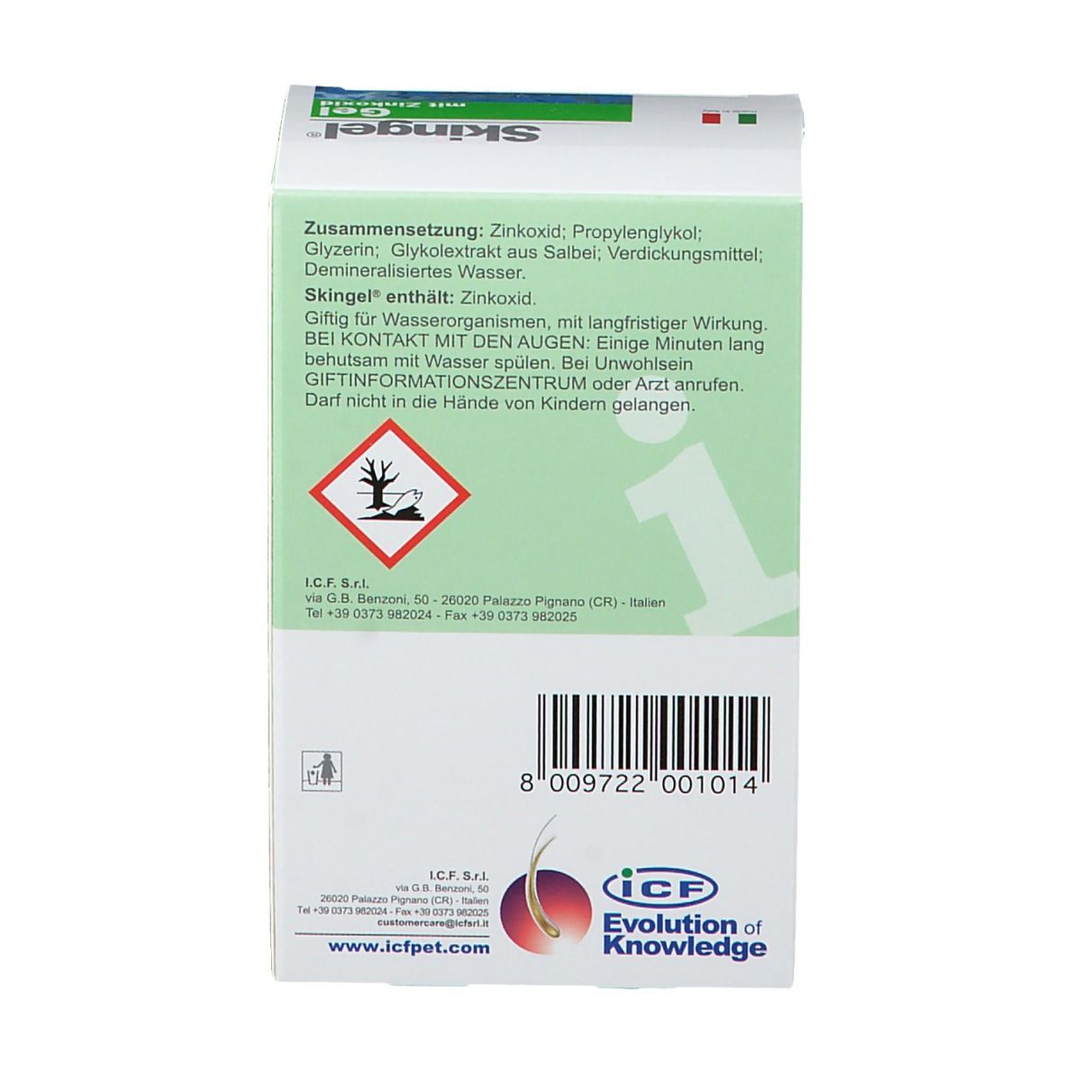 Retro della scatola. Testo con ingredienti, avvertenze e informazioni del produttore. Verde.