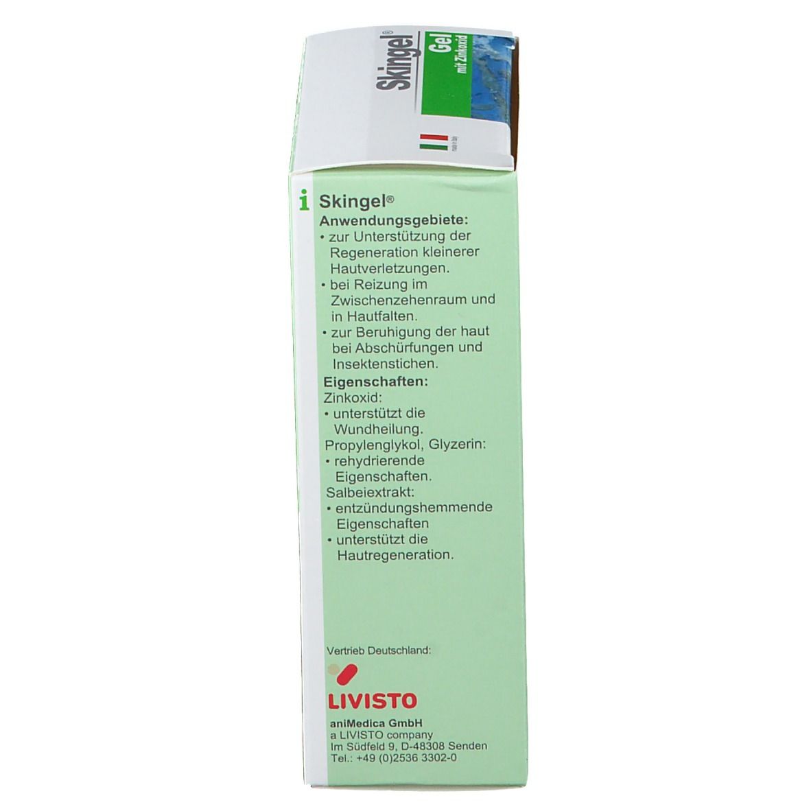 Vista laterale della scatola. Testo con aree di applicazione e proprietà. Accenti verdi.