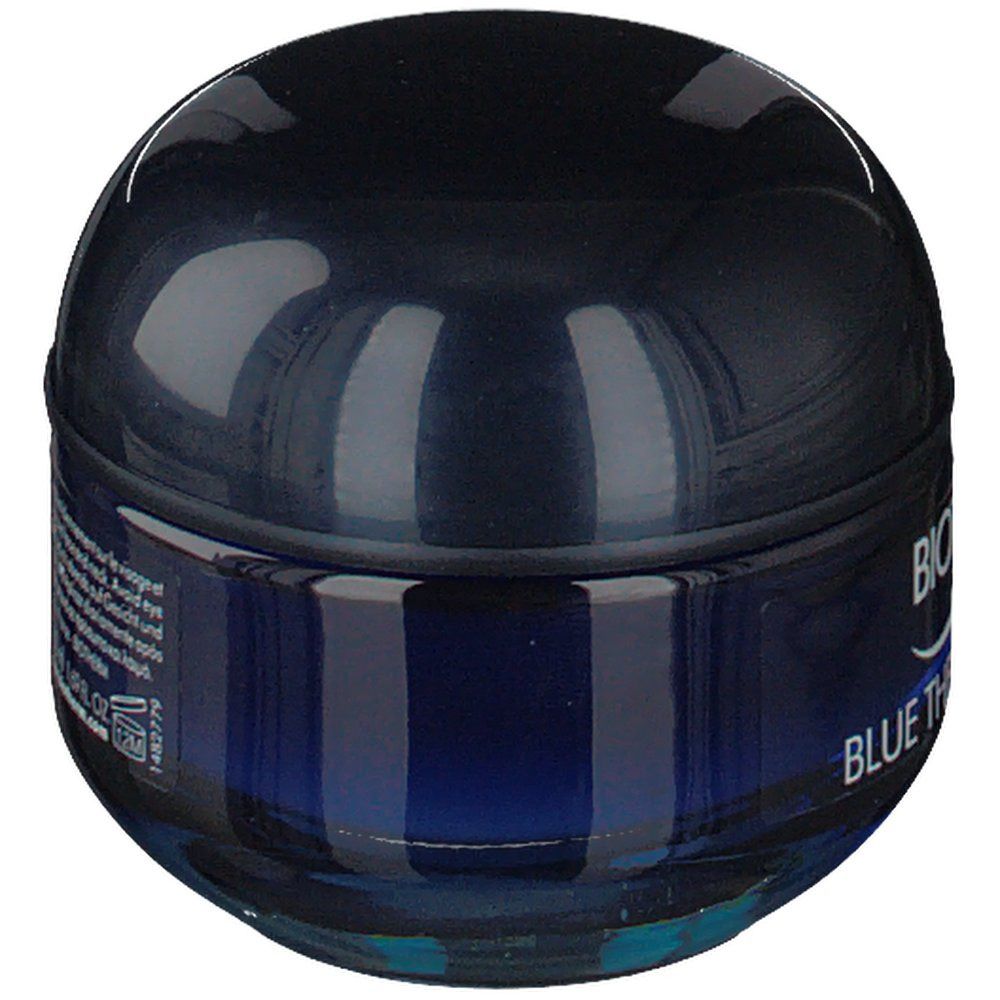 Vasetto blu con coperchio. Scritta: BIOTHERM BLUE THERAPY NIGHT.