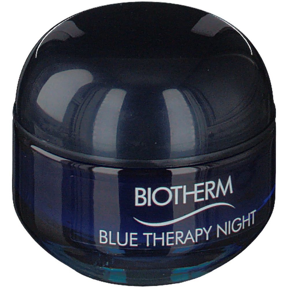 Vasetto blu con coperchio. Scritta: BIOTHERM BLUE THERAPY NIGHT.