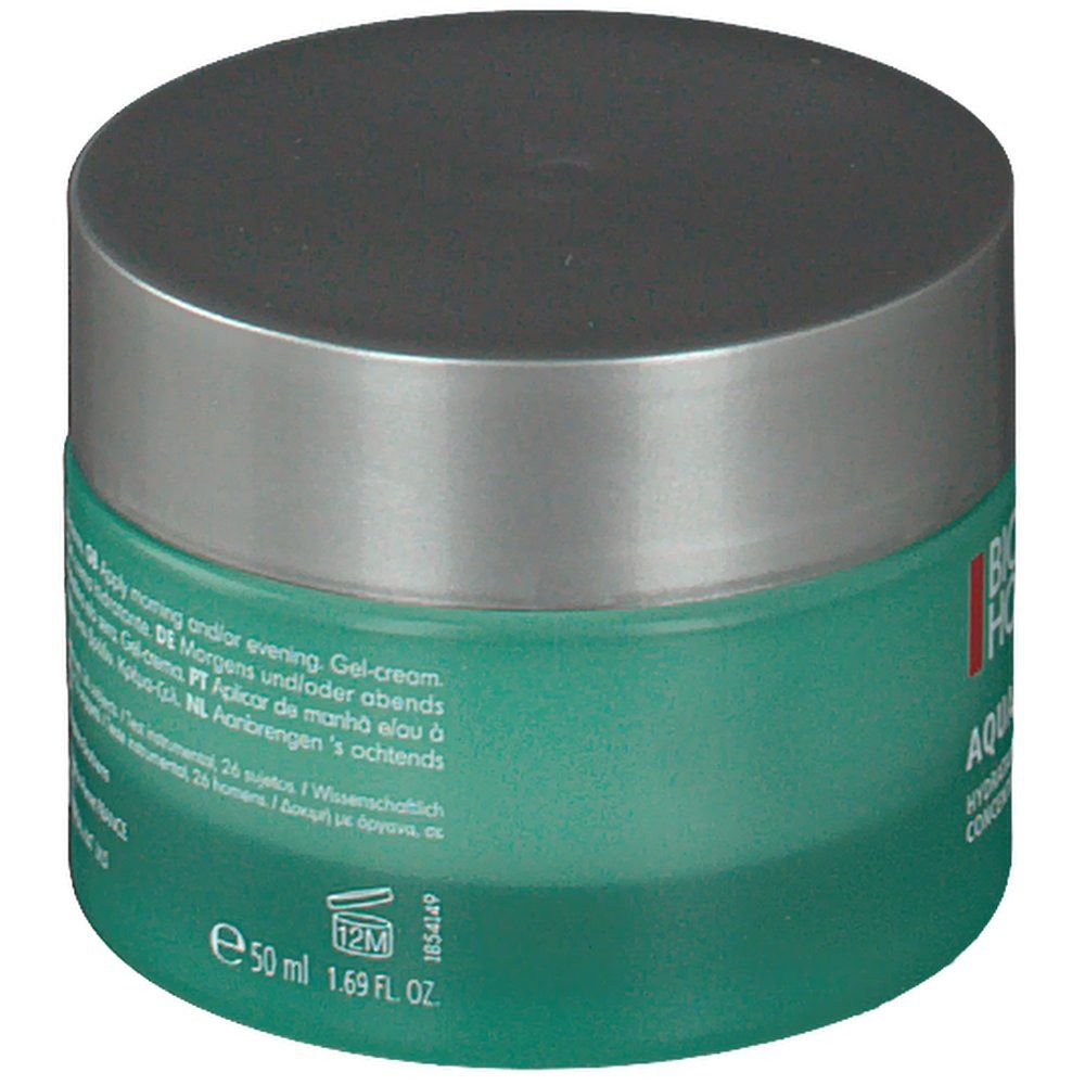 Vaso verde con coperchio argentato. Scritta: BIOTHERM HOMME, AQUAPOWER 72H, 50 ml, 1.69 FL. OZ.