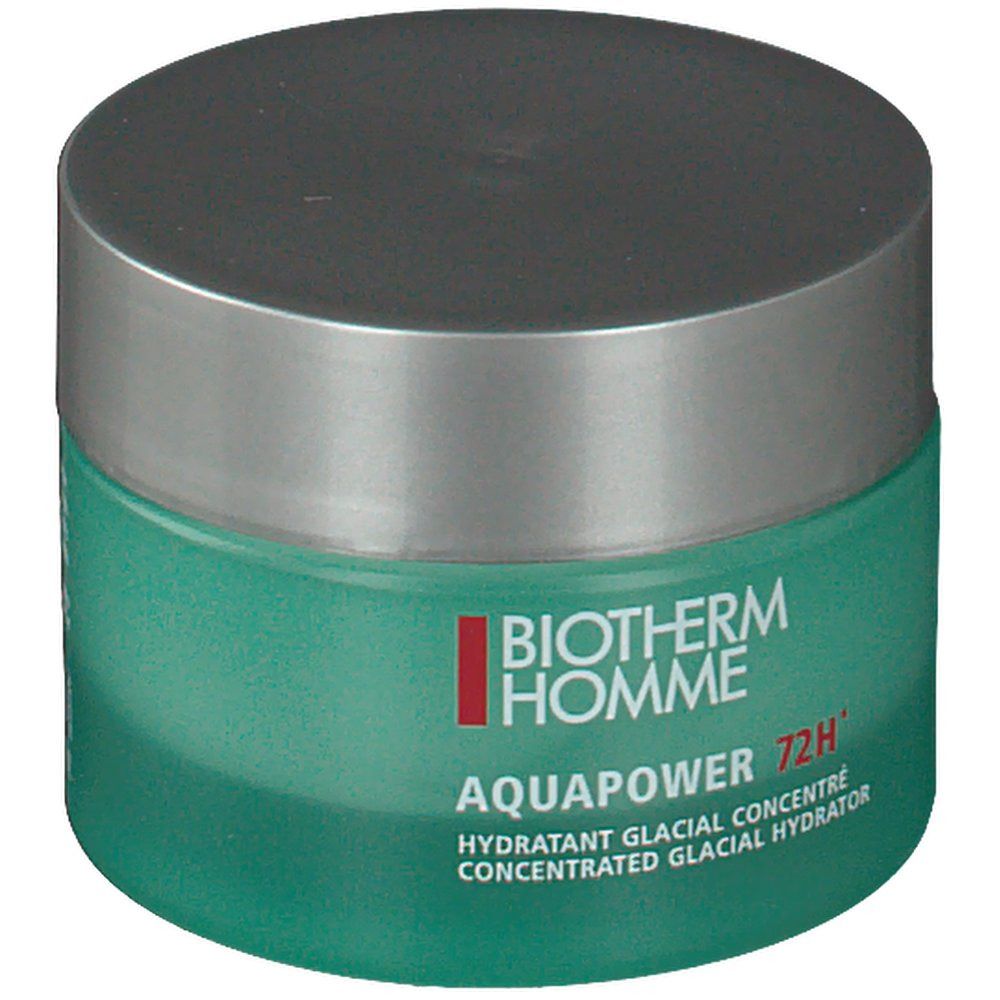 Vaso verde con coperchio argentato. Scritta: BIOTHERM HOMME, AQUAPOWER 72H, Hydratant Glacial Concentré.