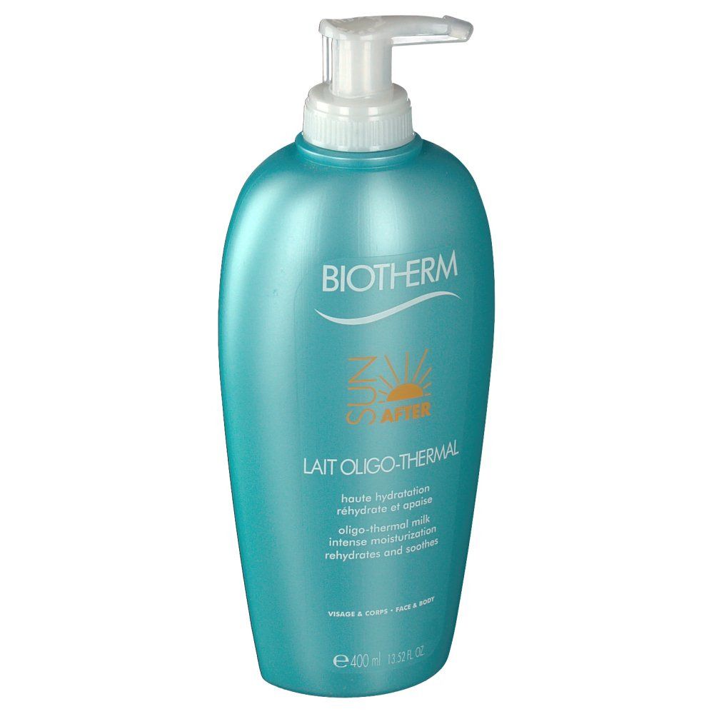 Flacone turchese con dosatore. Scritta: BIOTHERM, Lait Oligo-Thermal, 24h After. Per viso e corpo. 400ml.