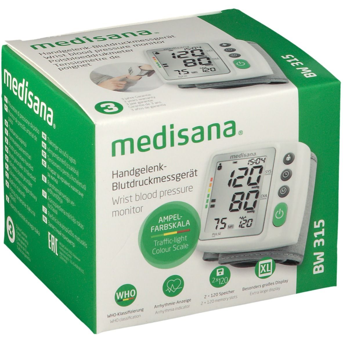 Confezione del misuratore di pressione da polso Medisana BW 315. Verde e bianca, con immagine e testo. Contiene il dispositivo e gli accessori.