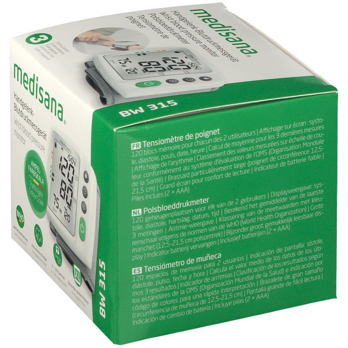 Confezione del misuratore di pressione da polso Medisana BW 315. Testo multilingue. Mostra il dispositivo e le sue funzioni.
