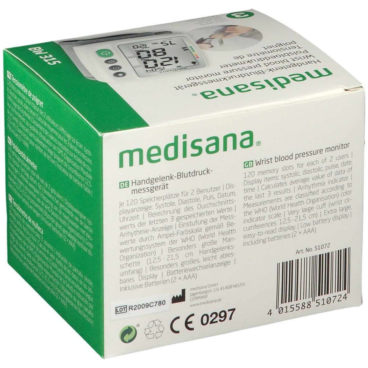 Retro della confezione del misuratore di pressione da polso Medisana BW 315. Testo multilingue. Contiene informazioni.