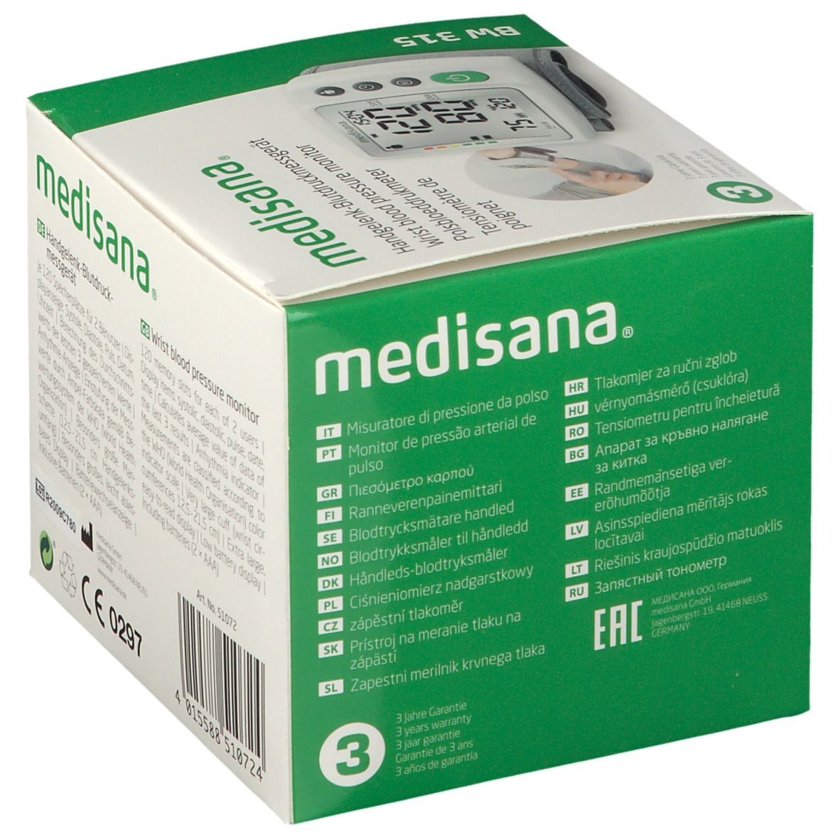 Confezione del misuratore di pressione da polso Medisana BW 315. Testo multilingue. Mostra il prodotto e le sue funzioni.