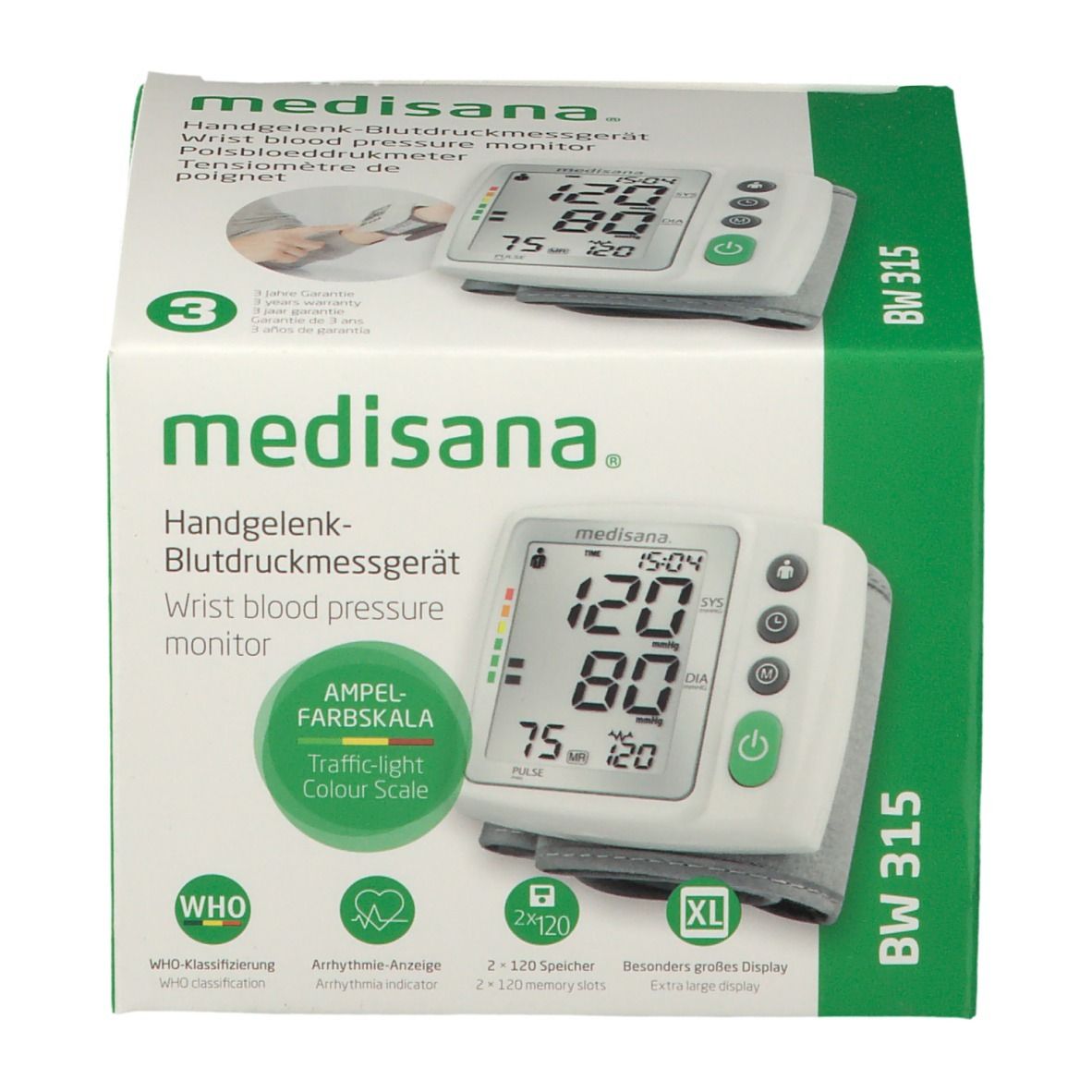 Confezione del misuratore di pressione da polso Medisana BW 315. Verde e bianca, con immagine e testo. Contiene il dispositivo.
