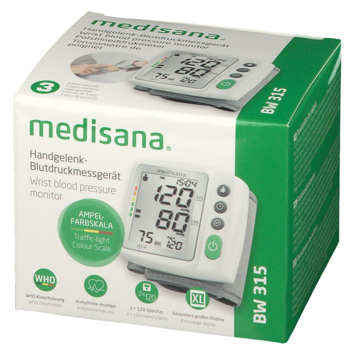 Confezione del misuratore di pressione da polso Medisana BW 315. Verde e bianca, con immagine e testo. Contiene il dispositivo.