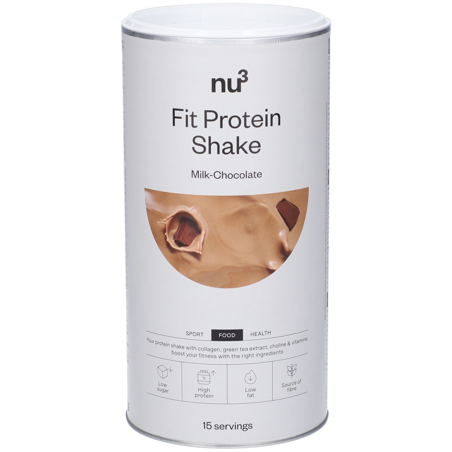 Barattolo cilindrico "nu3 Fit Protein Shake", cioccolato al latte. Contiene 15 porzioni. Scritte: Sport, Food, Health.