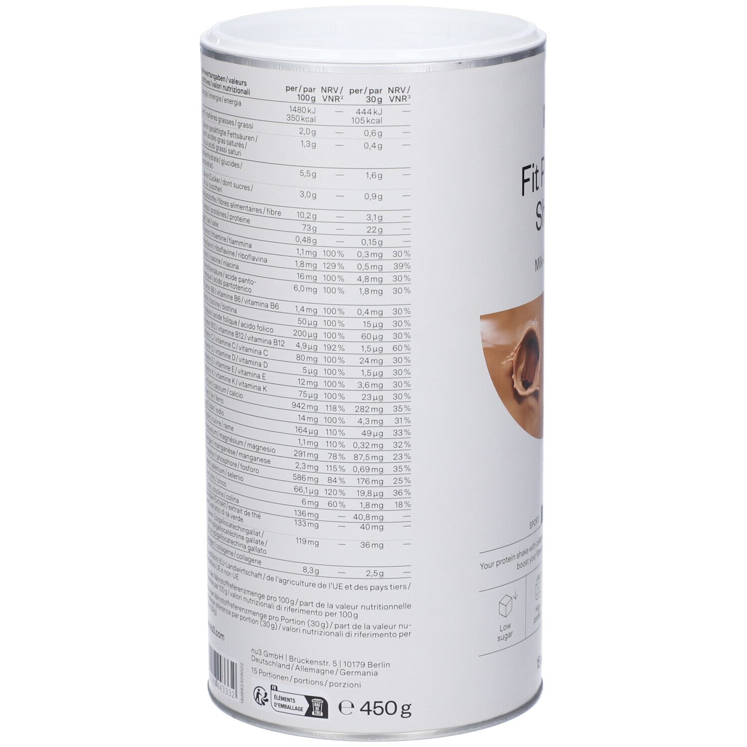 Retro del barattolo "nu3 Fit Protein Shake". Contiene informazioni nutrizionali e ingredienti. Marchio: nu3. Peso: 450g.