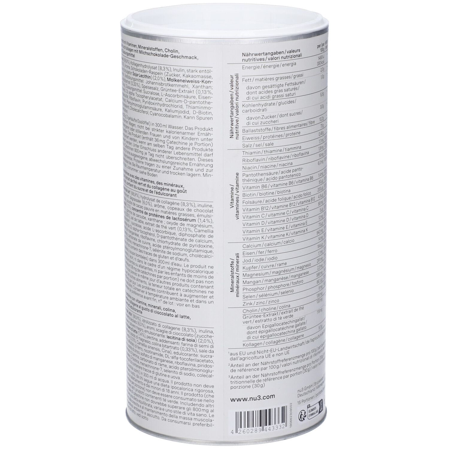 Retro del barattolo "nu3 Fit Protein Shake". Contiene informazioni nutrizionali e ingredienti. Marchio: nu3. Peso: 450g.