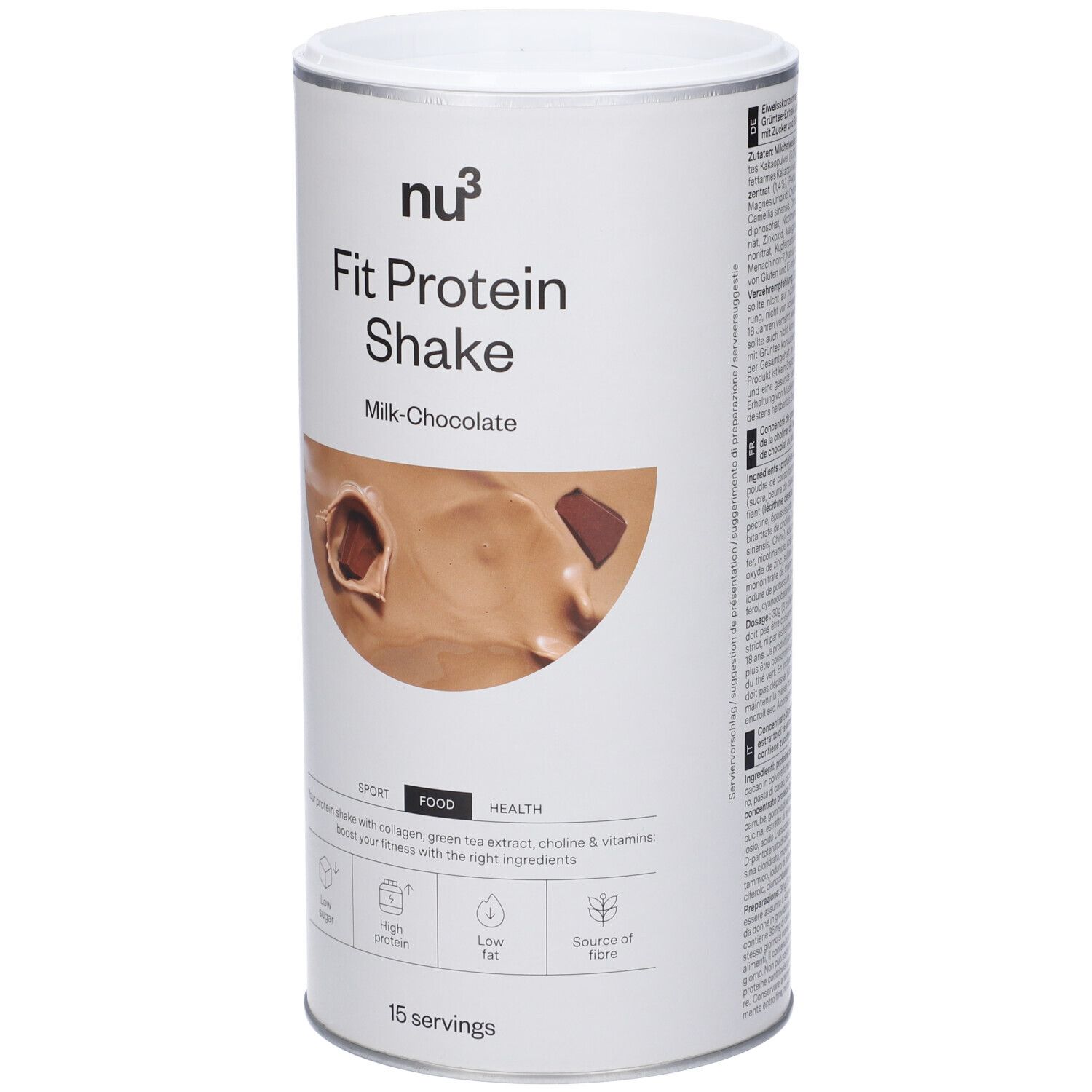Barattolo cilindrico "nu3 Fit Protein Shake", cioccolato al latte. Contiene 15 porzioni. Scritte: Sport, Food, Health.