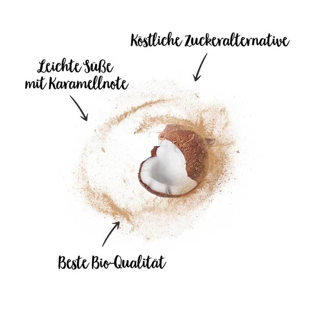 Cocco con zucchero. Testo: Dolcezza leggera con nota di caramello, deliziosa alternativa allo zucchero, migliore qualità biologica.