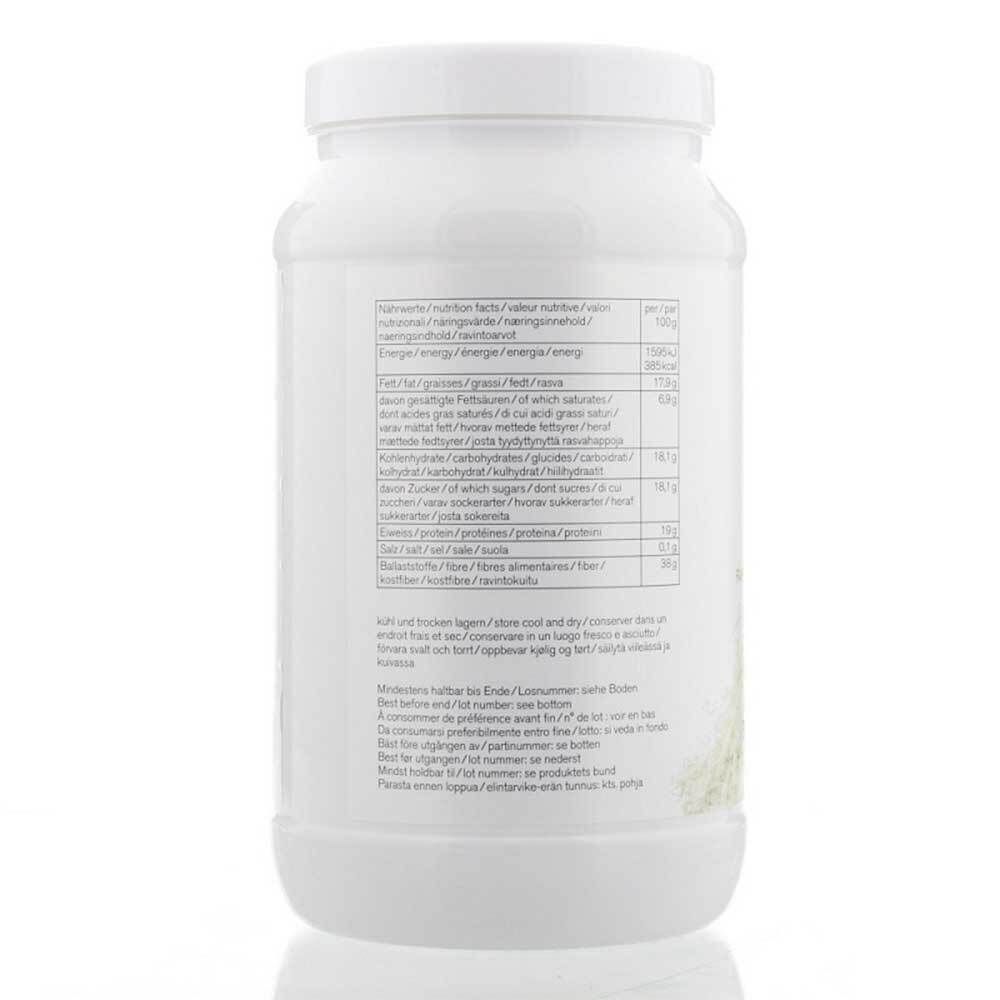 Retro del barattolo bianco con informazioni nutrizionali e testo in più lingue.