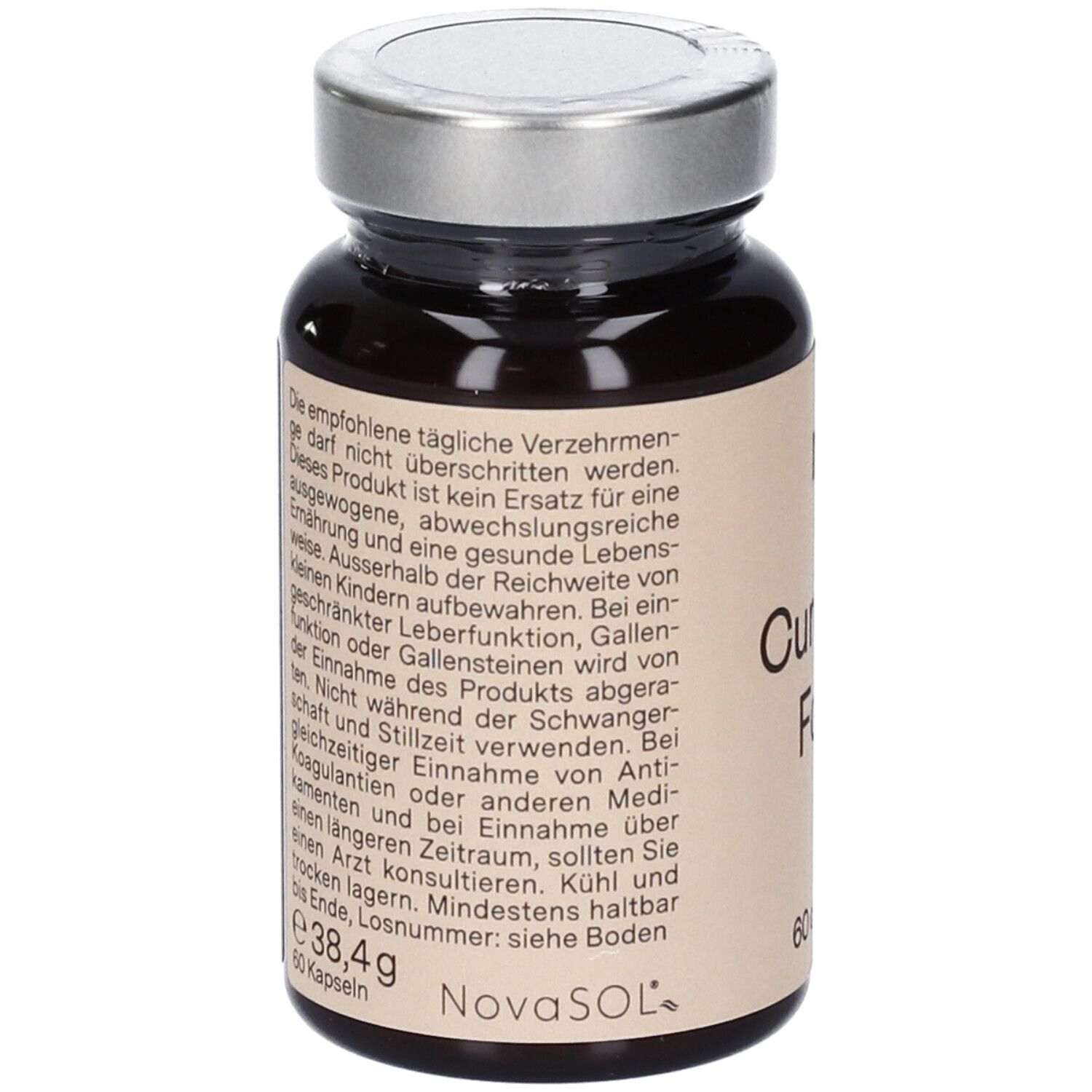 Flacone di vetro marrone con capsule. Scritta: nu3 Curcuma Forte, 60 capsule. Testo sul retro. Coperchio argentato.