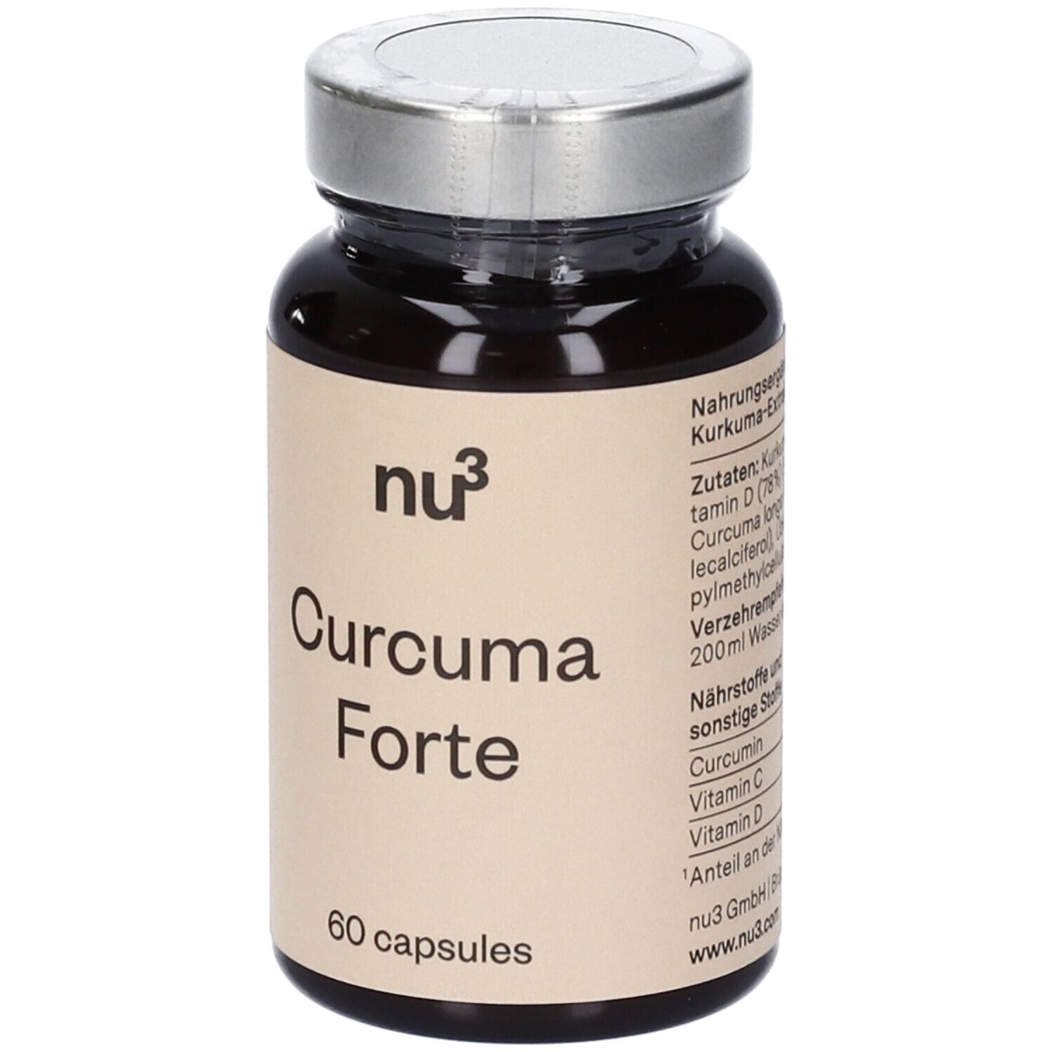 Flacone di vetro marrone con capsule. Scritta: nu3 Curcuma Forte, 60 capsule. Coperchio argentato.