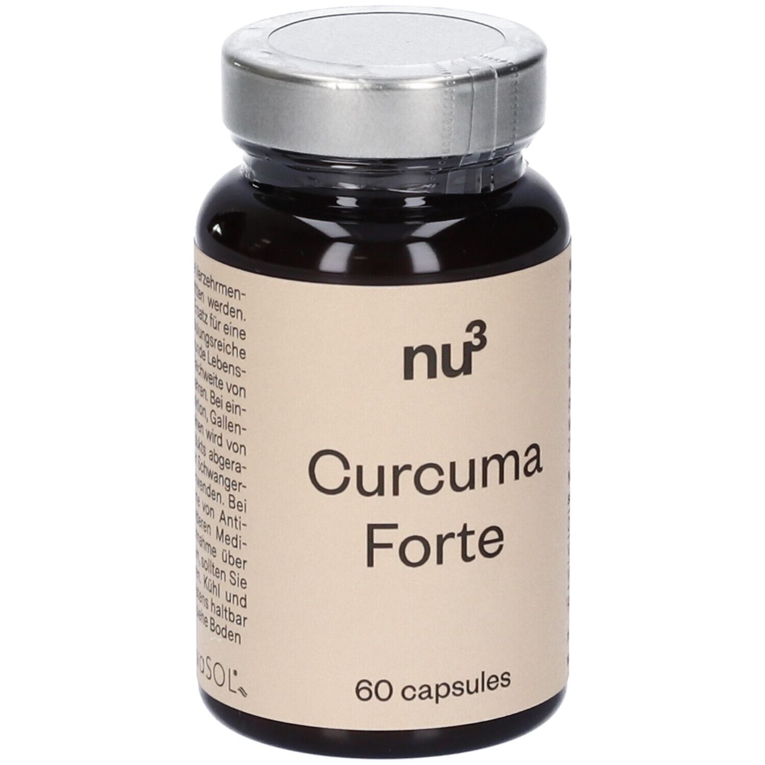Flacone di vetro marrone con capsule. Scritta: nu3 Curcuma Forte, 60 capsule. Coperchio argentato.