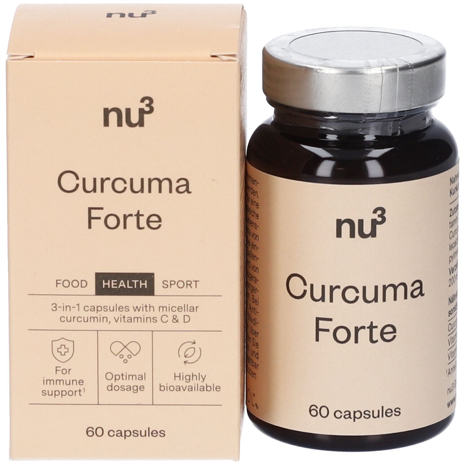 Confezione e flacone di capsule. Scritta: nu3 Curcuma Forte, 60 capsule. Scatola con testo e loghi.