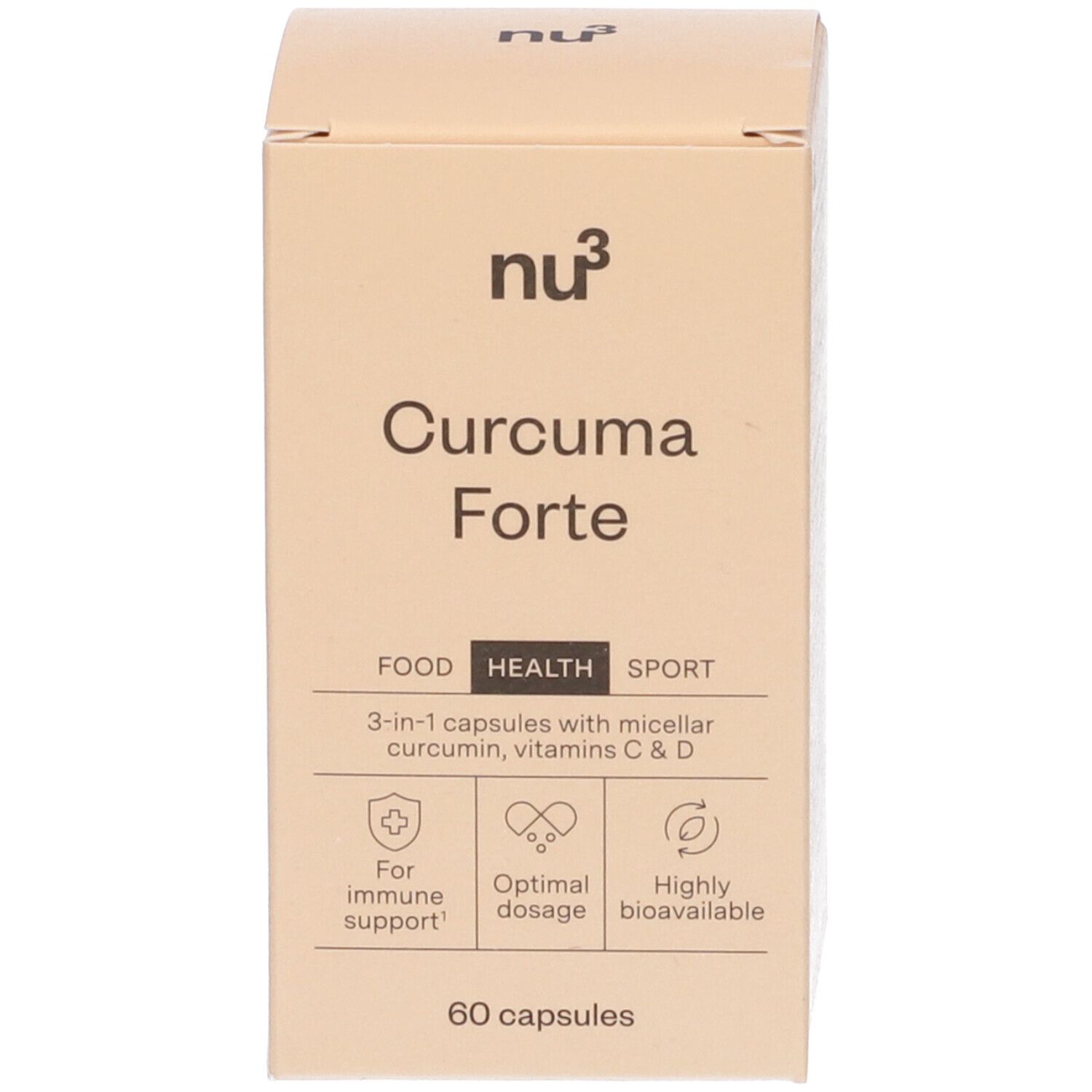 Confezione con scritta: nu3 Curcuma Forte, 60 capsule. Scatola con testo e loghi.