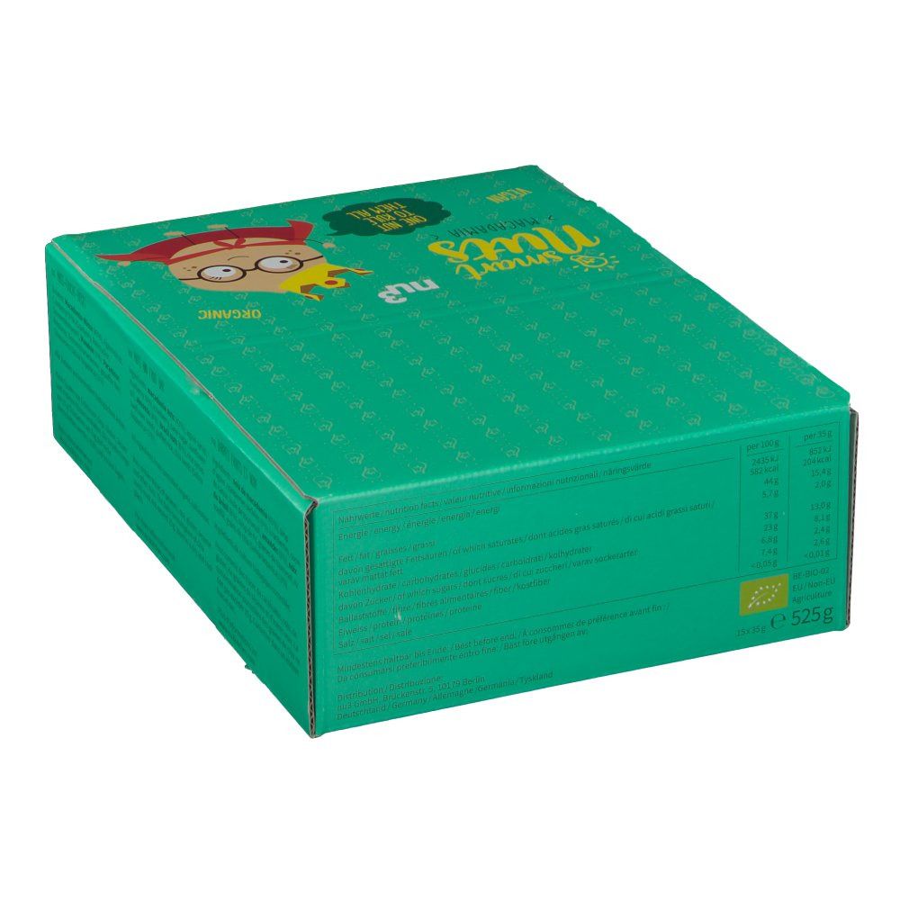 Confezione verde di nu3 Bio Smart Nuts. Stampa con nome del prodotto e personaggio dei cartoni animati.
