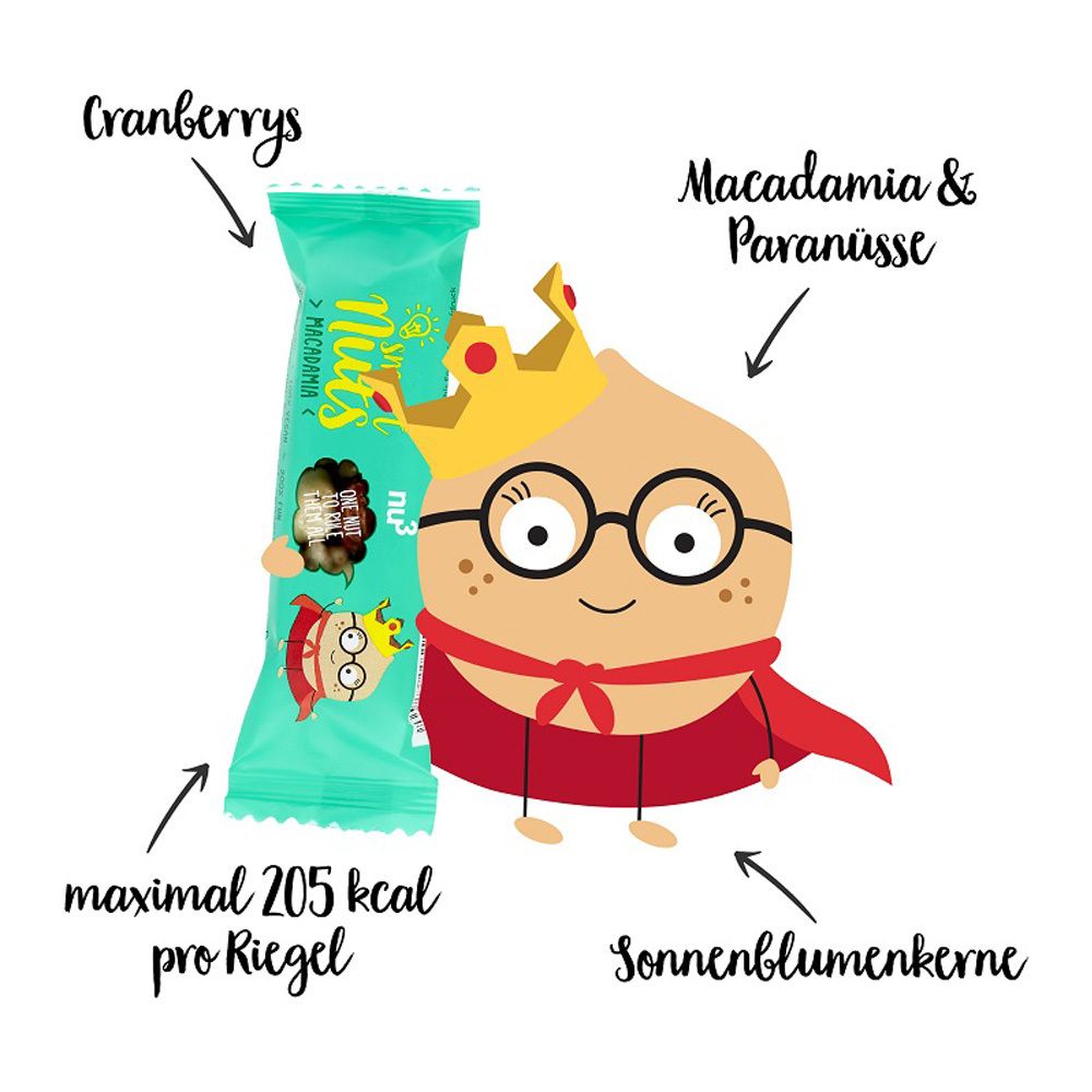 Illustrazione di cartoni animati con barretta, macadamia e noci del Brasile, mirtilli rossi e semi di girasole. Testo: massimo 205 kcal per barretta.
