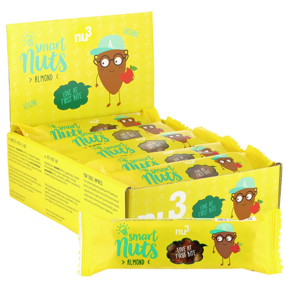 Scatola gialla con barrette Smart Nuts. Scritta: nu3, Smart Nuts, Mandorla, illustrazione. Singola barretta in primo piano.