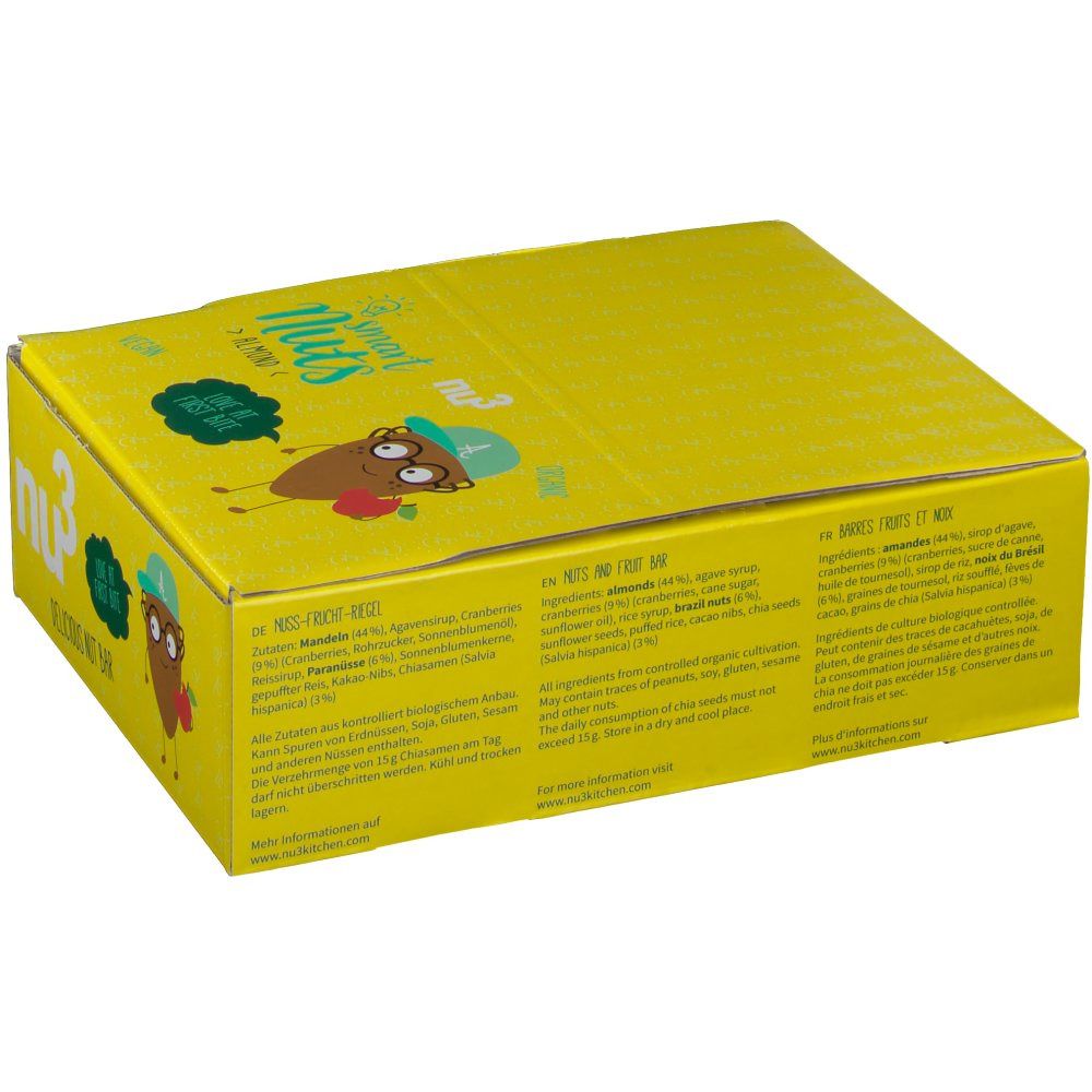 Scatola gialla con Smart Nuts. Scritta: nu3, Smart Nuts, illustrazione. Testo in tedesco e francese. Vista posteriore.