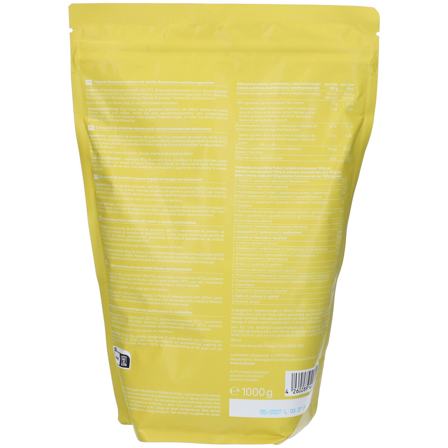 Retro della confezione gialla "nu3 Vegan Protein 3K Vanille". Testo in tedesco. Contiene 1000g. Con codice a barre e data di scadenza.
