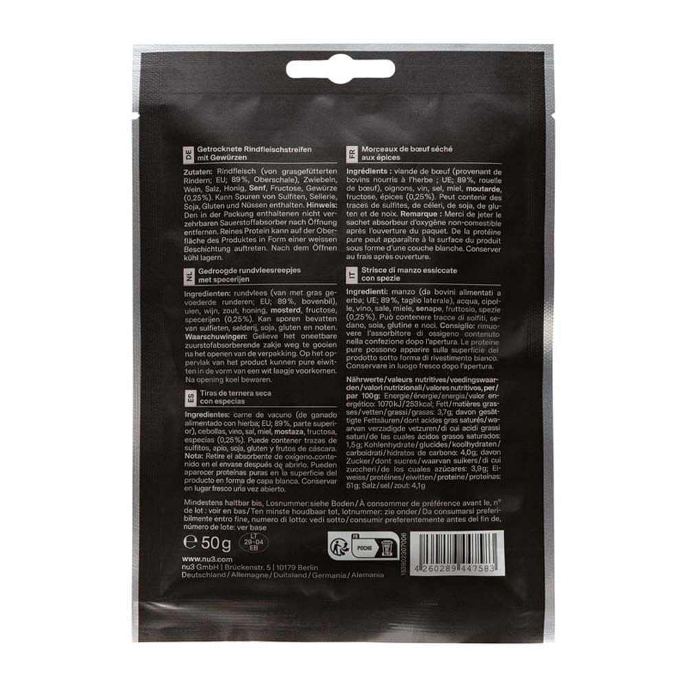 Retro confezione nu3 Beef Jerky. Contiene informazioni nutrizionali e lista ingredienti. Peso: 50g. Prodotto in Germania.