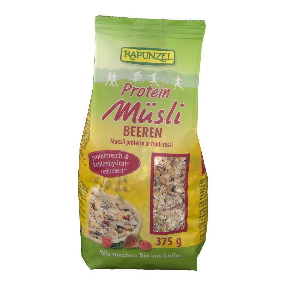 Vista frontale della confezione RAPUNZEL Bio Protein-Müsli, Beeren. Sacchetto verde-giallo con immagine e testo del prodotto. 375g. Ricco di proteine e a ridotto contenuto di carboidrati.