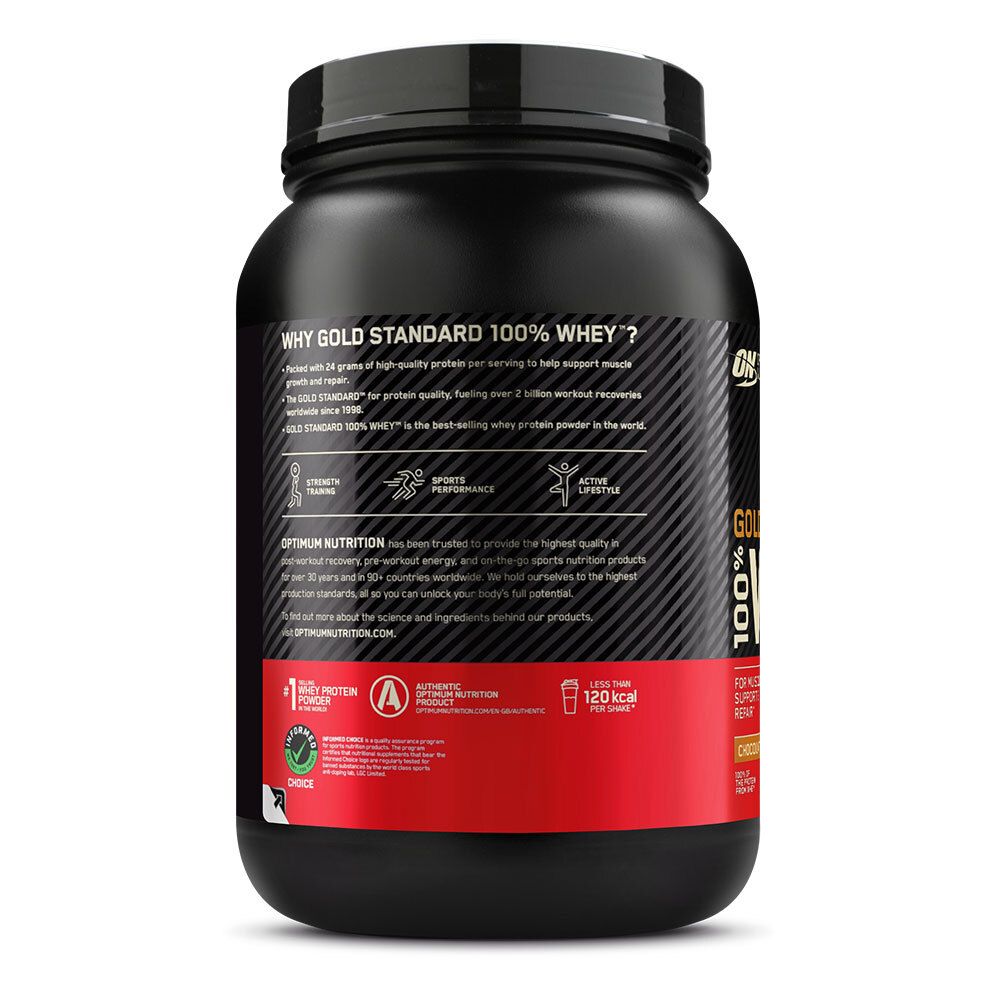 Retro del contenitore con informazioni su Optimum Nutrition Gold Standard 100% Whey.