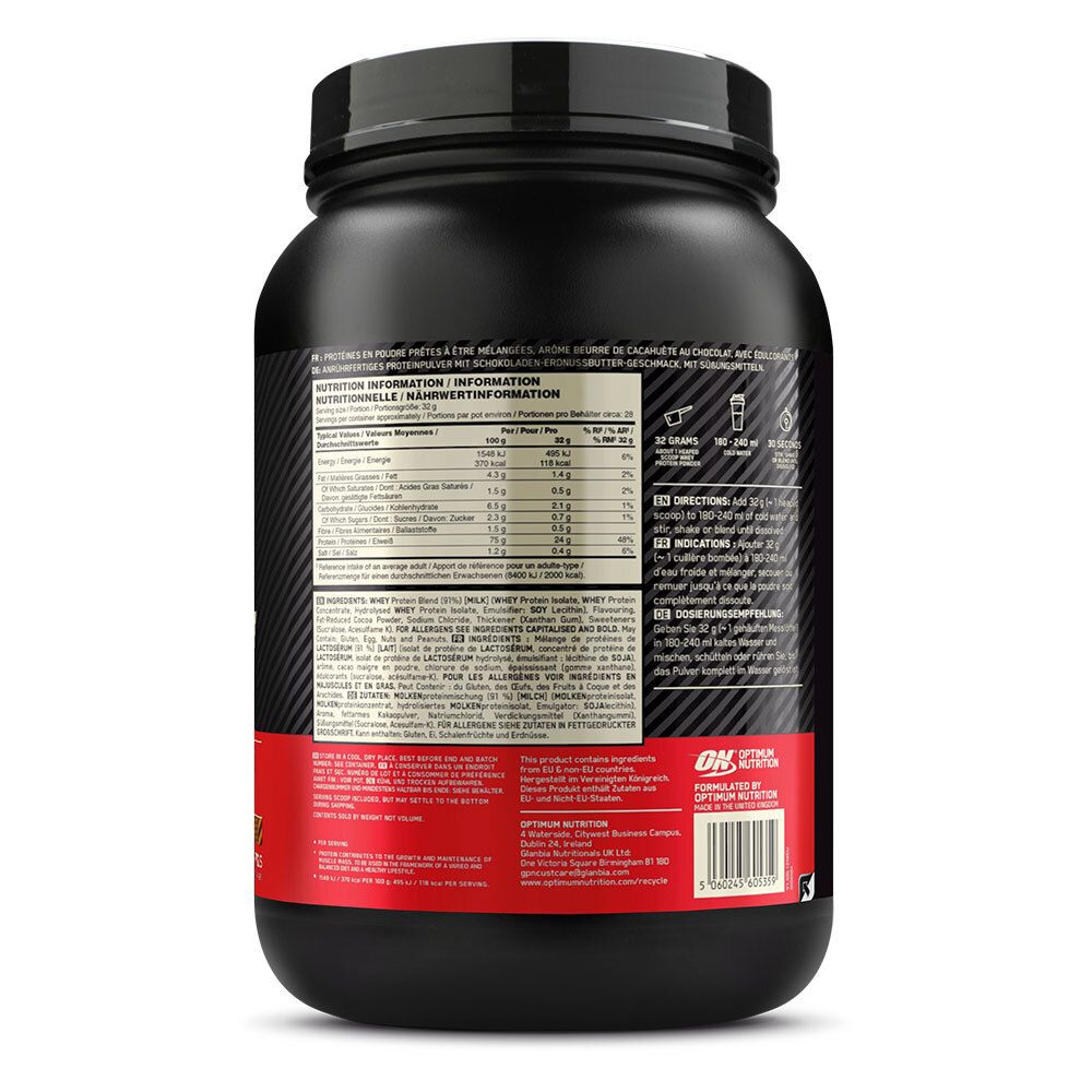 Retro del contenitore con informazioni nutrizionali per Optimum Nutrition Gold Standard 100% Whey.