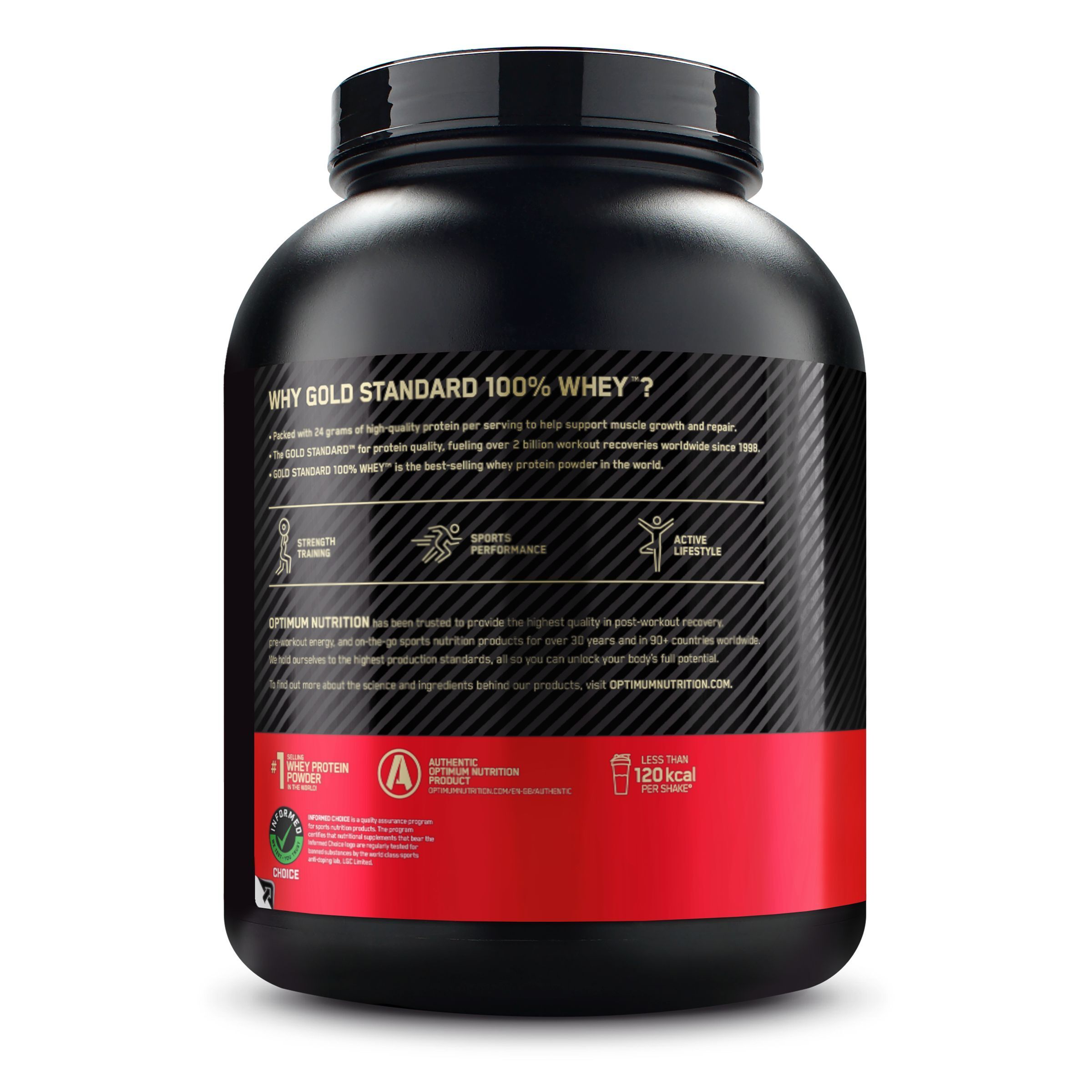 Retro di un contenitore nero Optimum Nutrition Gold Standard 100% Whey con informazioni su allenamento, prestazioni e stile di vita.