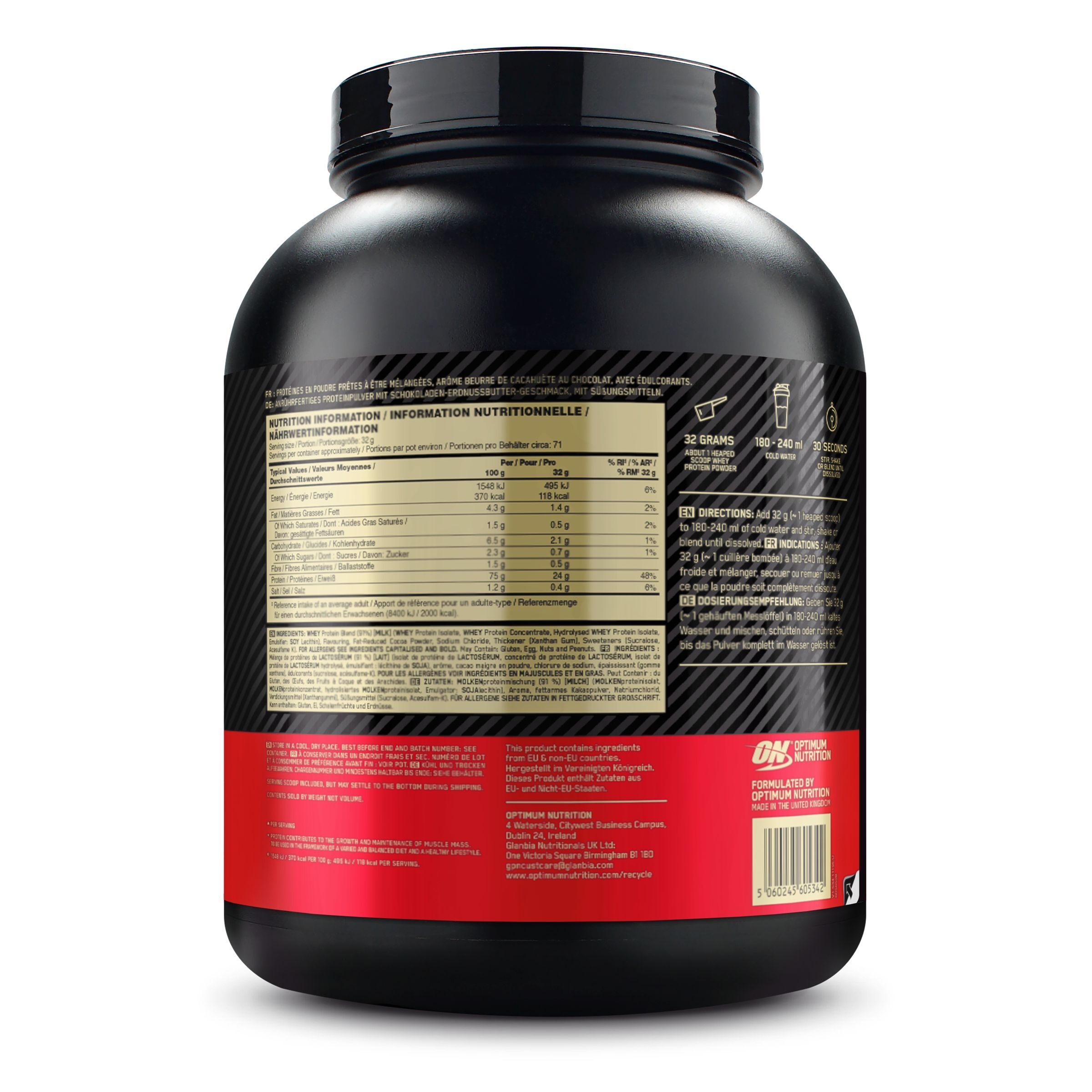 Retro di un contenitore nero Optimum Nutrition Gold Standard 100% Whey con informazioni nutrizionali e istruzioni per la preparazione.
