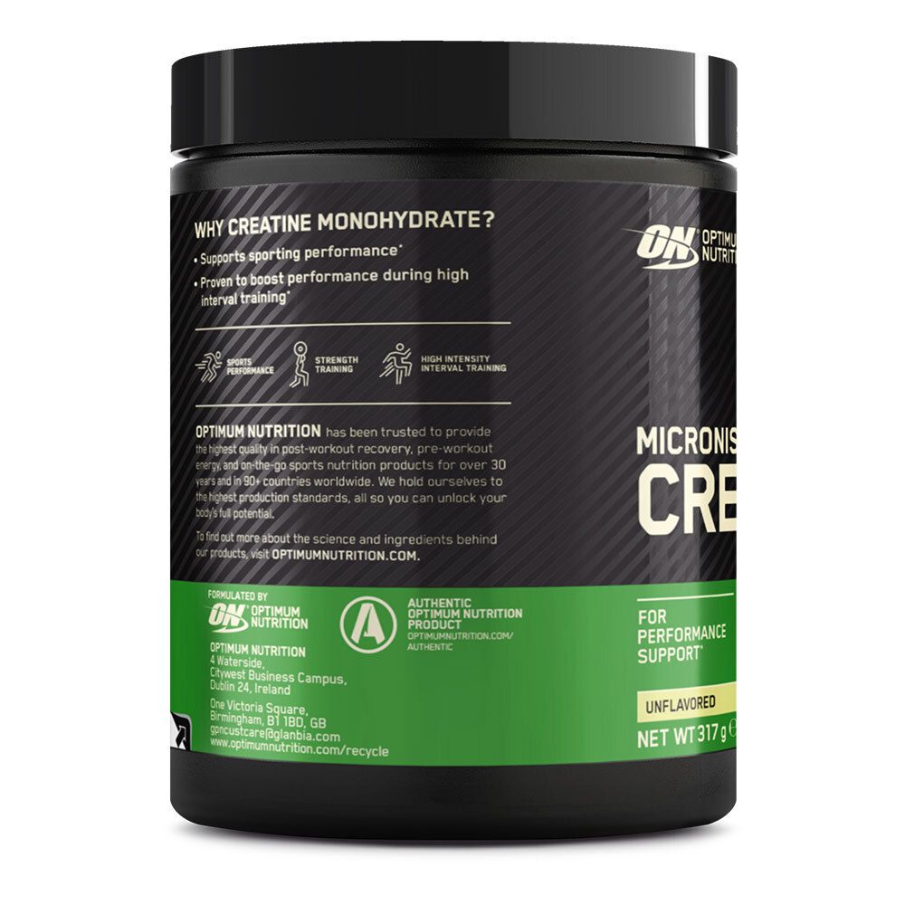 Retro del barattolo nero. Testo: Perché la creatina monoidrato? Optimum Nutrition. Accenti verdi e bianchi. Senza sapore.