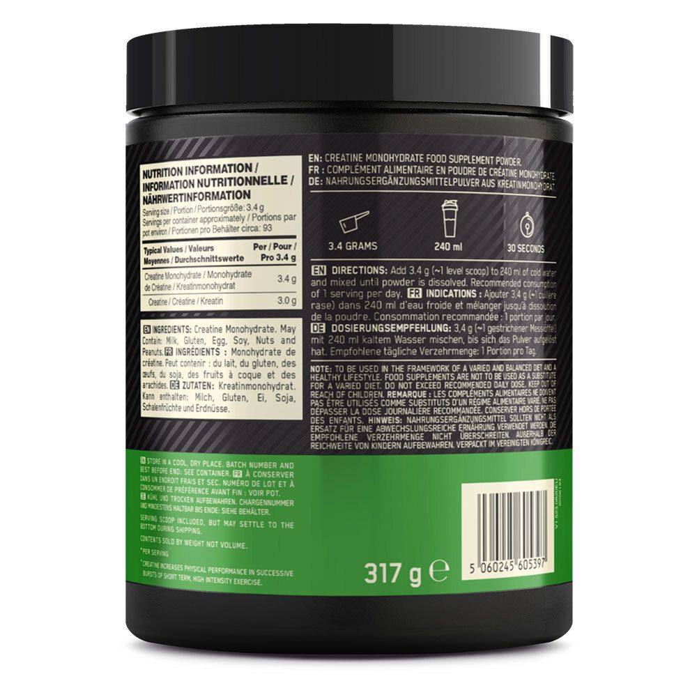 Retro del barattolo nero. Testo: Informazioni nutrizionali. Ingredienti. Raccomandazioni per il dosaggio. Accenti verdi e bianchi. 317 g.
