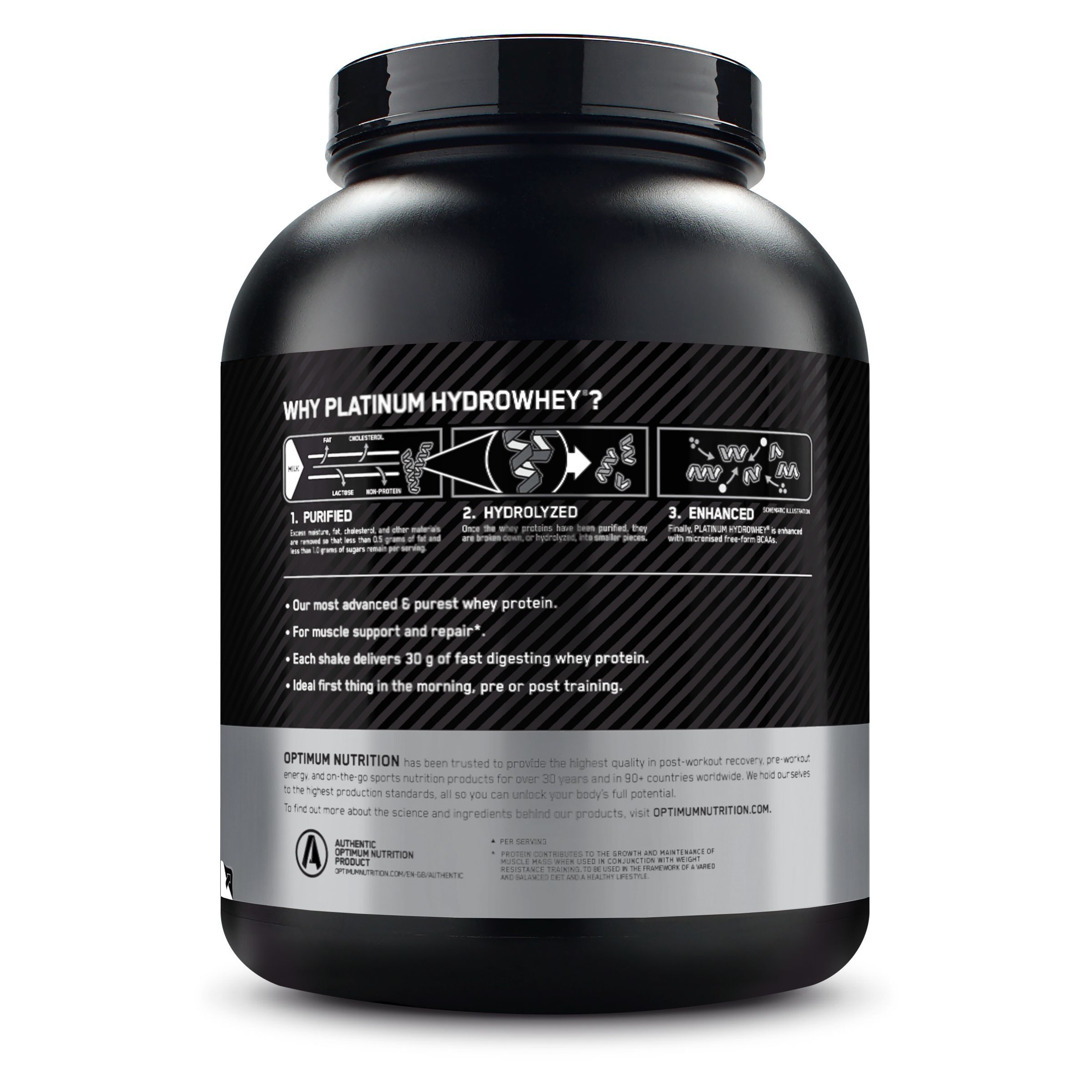 Retro del barattolo nero Optimum Nutrition Platinum Hydro Whey. Diagrammi che mostrano il processo di produzione.